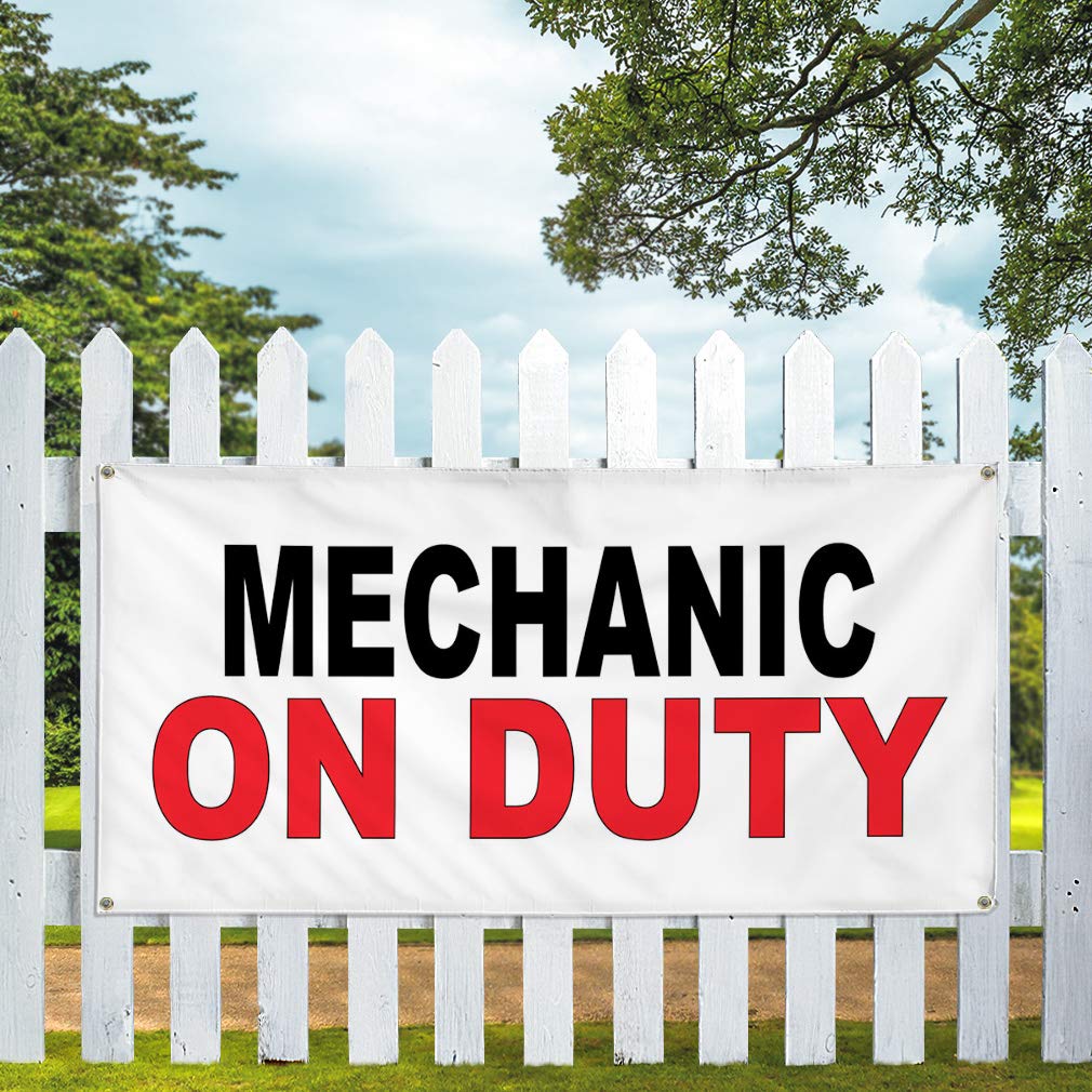 Vinyl Banner - Mechanic on Duty Sign (60x144 Inches) | Heavy-Duty, Weatherproof, Industrial Yard Sign with 10 Grommets | Black & Red Automotive Design for Shops, Garages & Outdoor Use