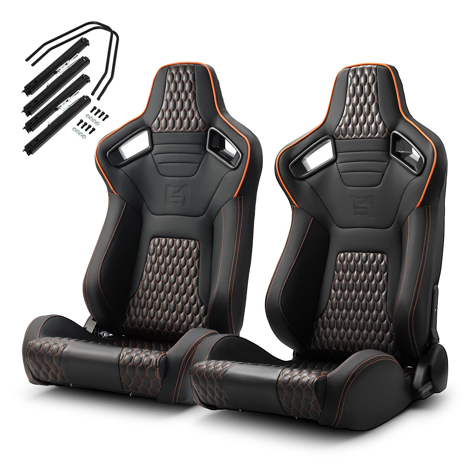 Pair of All Black PVC & Orange Snake Pattern Racing Seats with Carbon Fiber Style Leather & Sliders - Reclinable Bucket Seats for Sports Cars & Gaming Chairs