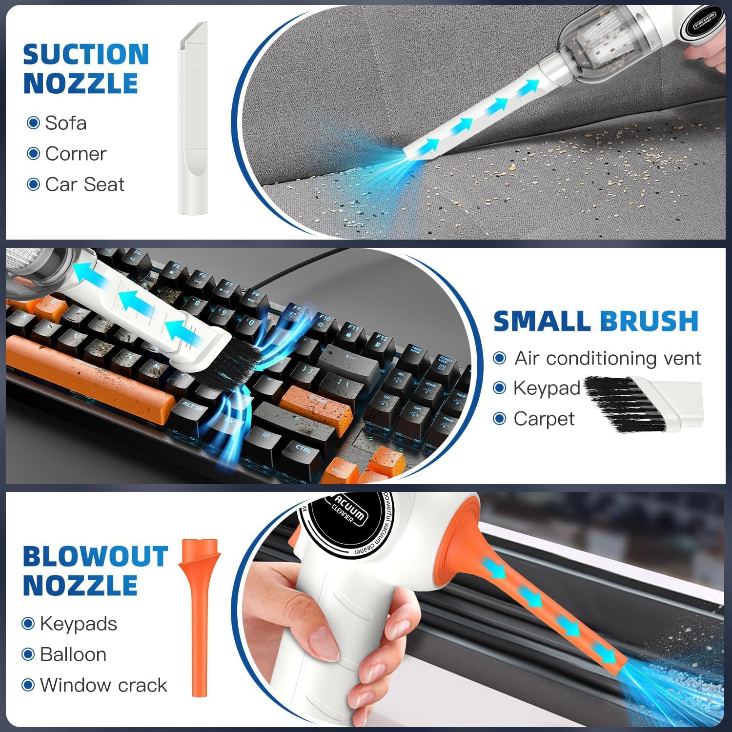 Cordless Handheld Car Vacuum Cleaner - 18000PA High Power Mini Vacuum with Strong Suction, Rechargeable Dust Buster & Air Blower for Home & Auto Cleaning - Portable White Handheld Vacuum Cleaner for Cars, Sofas, Pet Hair & Small Spaces