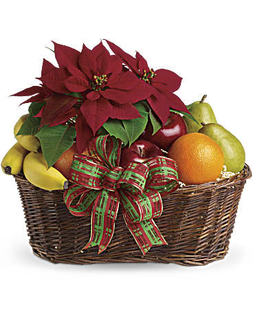 Fresh Fruit and Poinsettia Holiday Gift Basket - Perfect for Christmas Decorations, Corporate Gifts & Festive Home Delivery