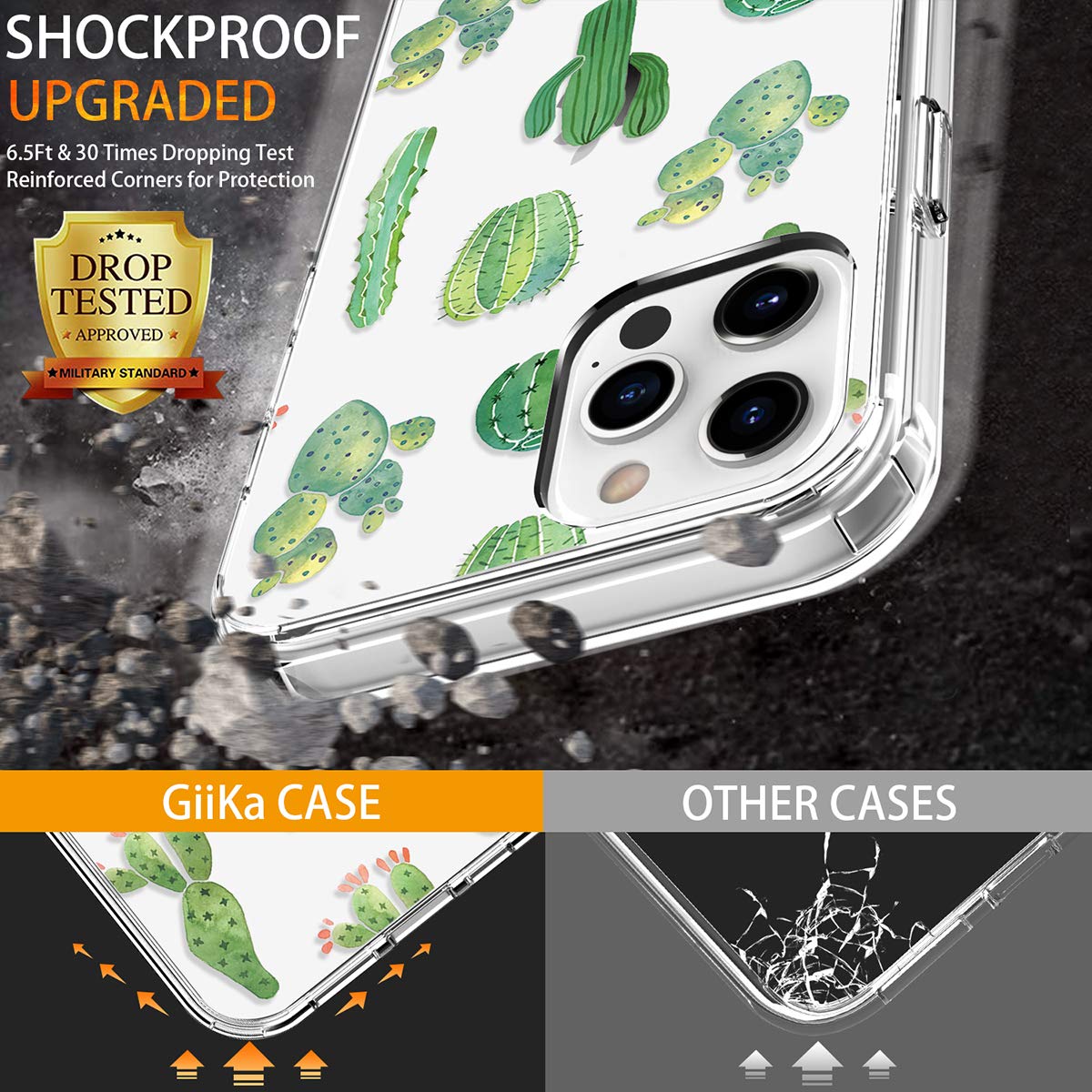 GiiKa iPhone 12 Pro Max Case with Screen Protector - Clear Shockproof Floral Design Hard Case with TPU Bumper - Protective Phone Cover for Women & Girls (Green Cactus) - Perfect for Everyday Use, Travel & Outdoor Activities