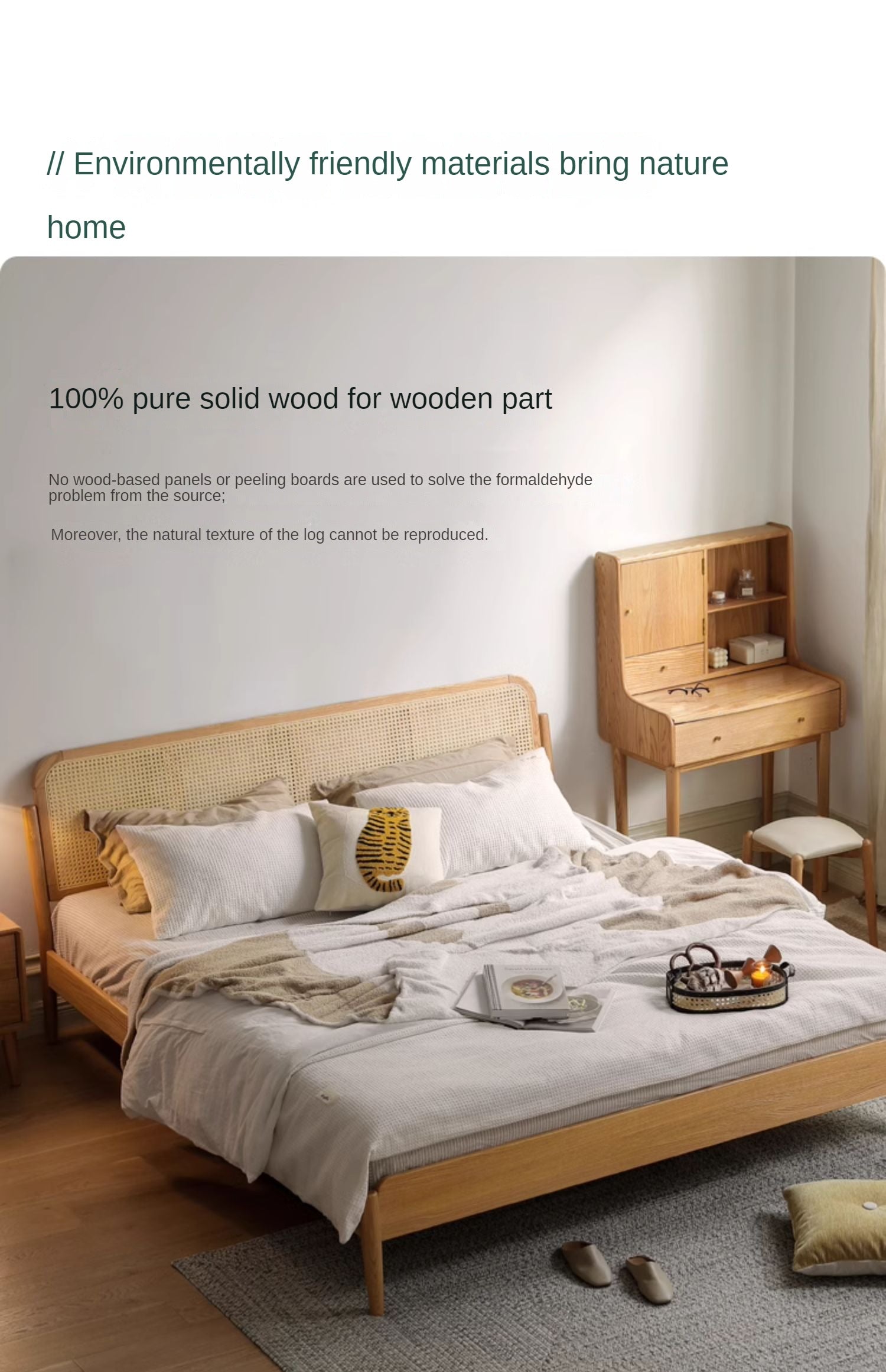 Solid Oak Wood Rattan Bed Frame - Queen Size, Natural Finish - Perfect for Bedroom, Guest Room & Farmhouse Decor