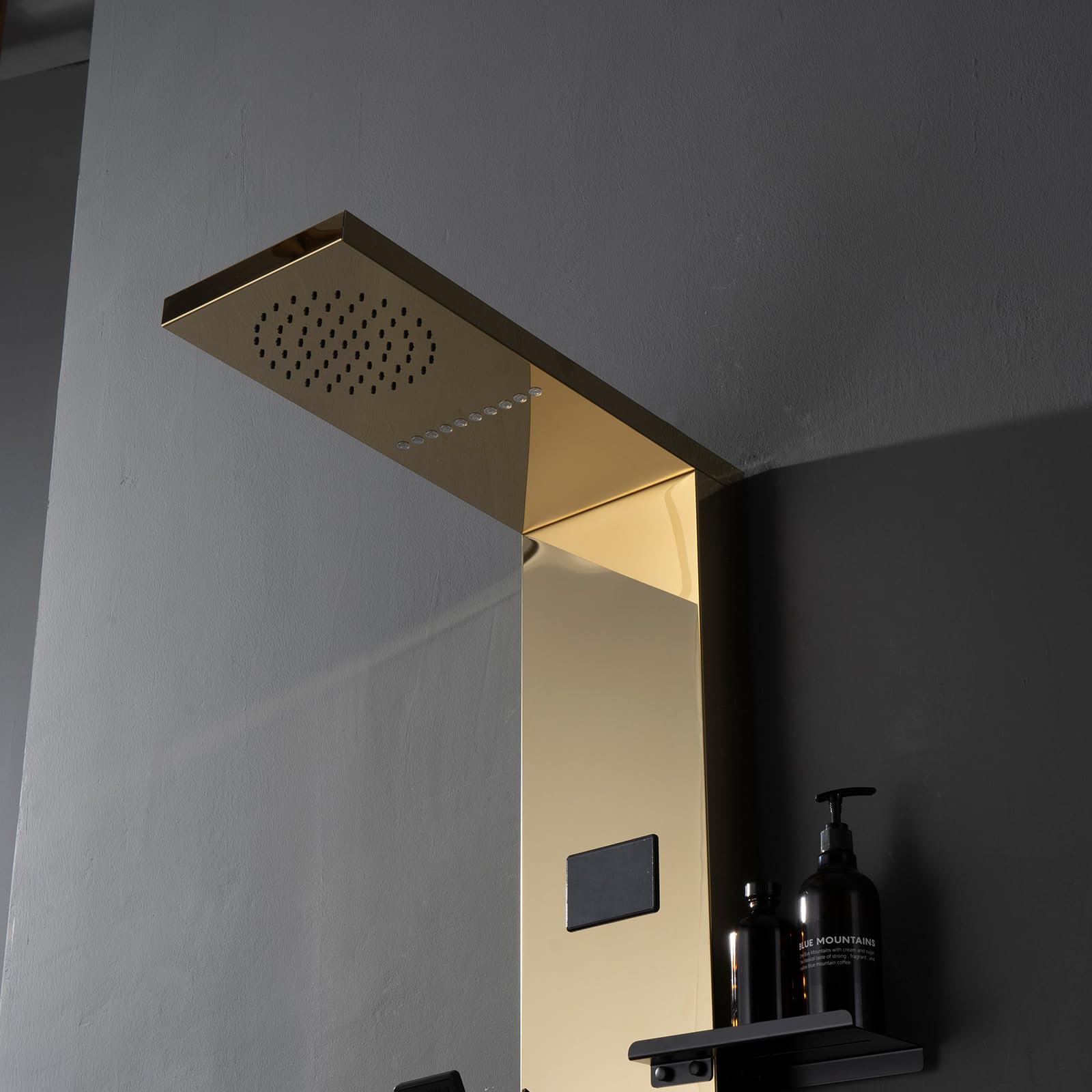 Premium LED Gold Shower Tower System - 304 Stainless Steel Shower Panel with Storage Shelf, Rainfall Shower Head & Massage Body Jets - Luxury Waterfall Bathtub for Modern Bathroom & Lavatory (Perfect for Spa-Like Relaxation & Elegant Home Upgrade)