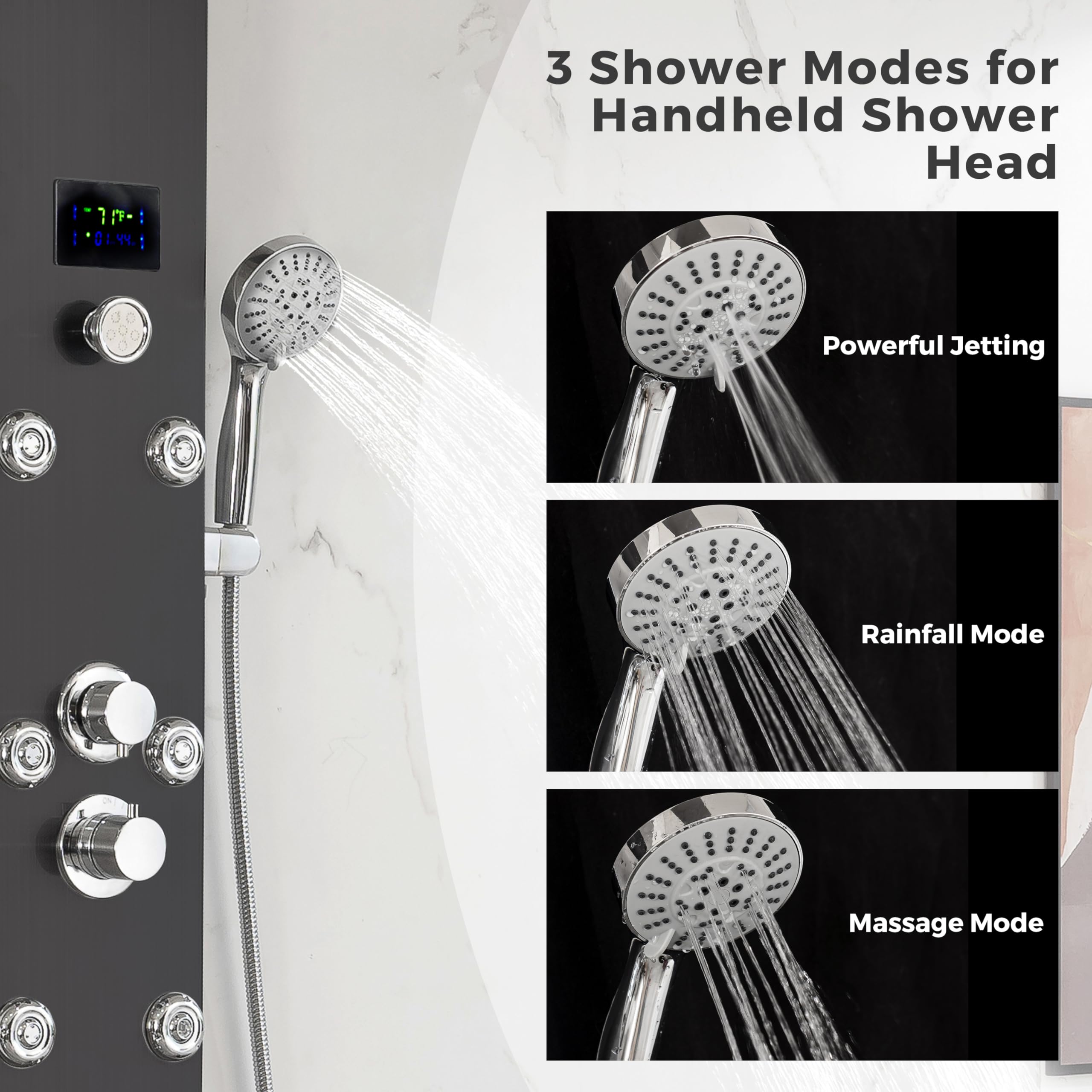 DELAVIN LED Shower Panel - Stainless Steel Shower Tower System with Temperature Display | 5-Function Rainfall, Waterfall, Massage Body Jets, Tub Spout & Handheld Showerhead | Brushed Black Finish for Modern Bathroom Luxury & Spa Experience