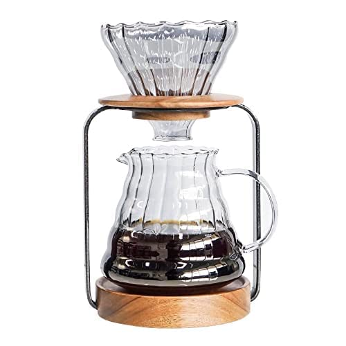 Premium Wooden Pour Over Coffee Stand Set - Glass Server, Dripper & Paper Filters for Perfect Coffee & Tea Brewing | Ideal for Home, Office & Cafe Use