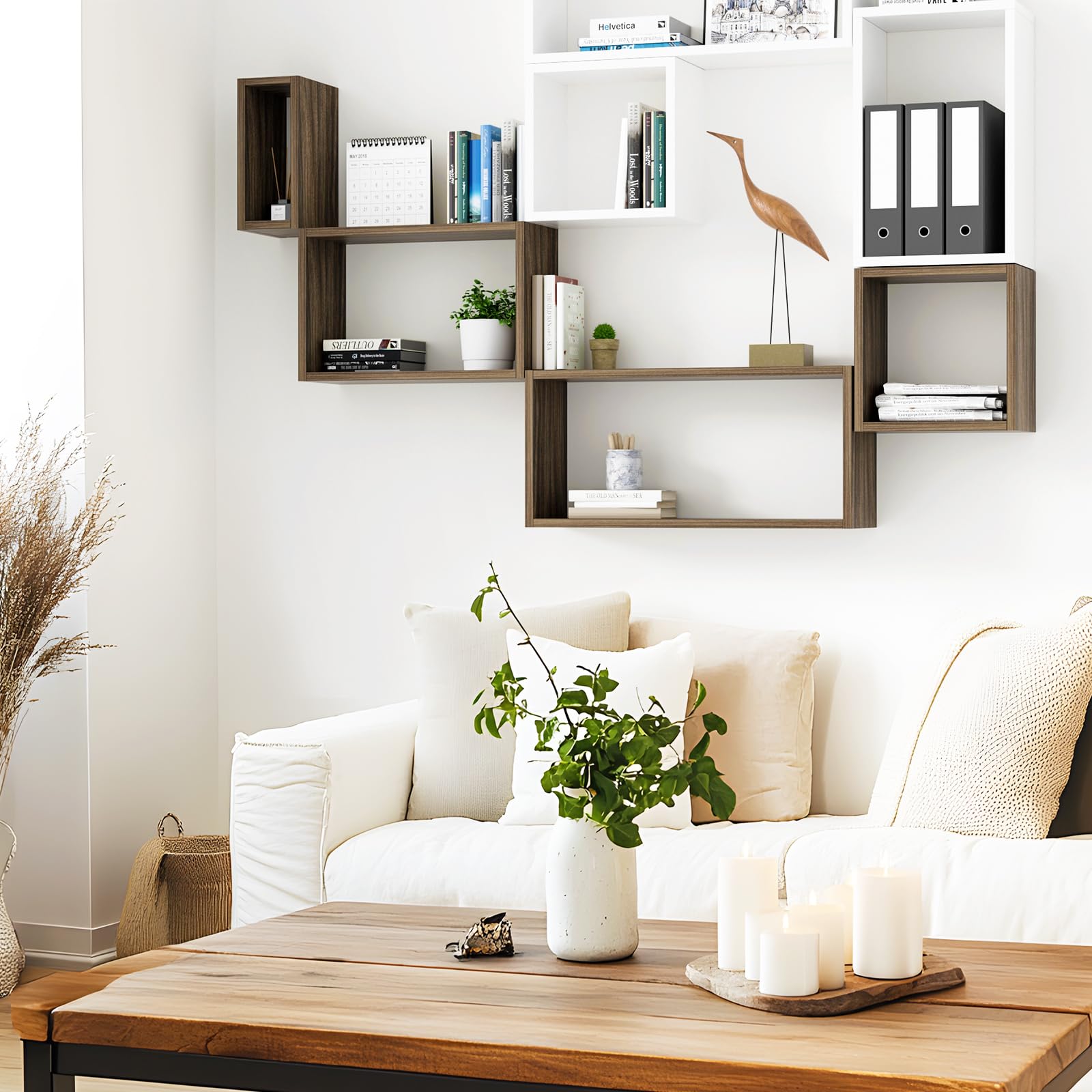 Kaboon Wall Mount Shelf Set of 4 - Floating Cube Shelves for Home & Office Decor - Large Size Eucalyptus Wood Shelving Unit - Perfect for Living Room, Bedroom, Kitchen & Commercial Spaces