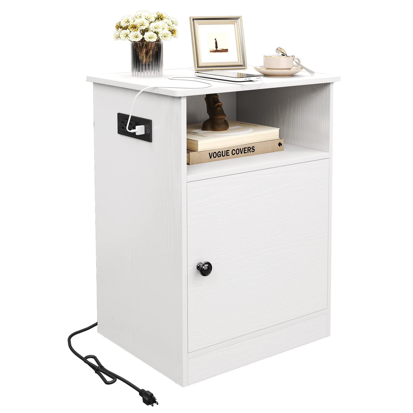 TC-HOMENY Narrow End Table with Charging Station - Flip Top Side Table with Shelf & USB Ports - Nightstand for Living Room, Bedroom - Perfect for Small Spaces & Device Charging