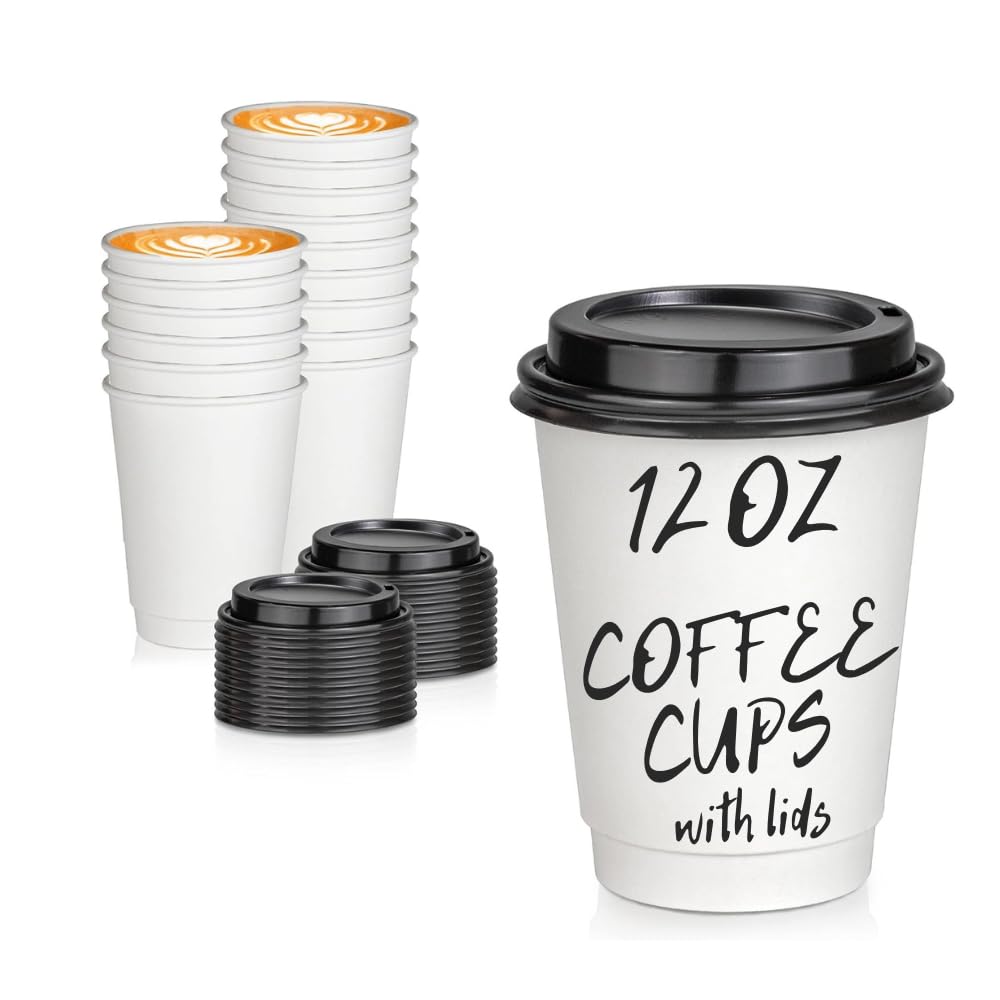 FAMASTON 12 oz Disposable Coffee Cups with Lids - White Paper Cups & Plastic Lids for Hot Beverages, Tea, Hot Chocolate - Insulated Travel Cups for Home, Office, Cafes, Parties & Weddings (50 Pack) - Perfect for Morning Coffee, Office Breaks, and Catering Events