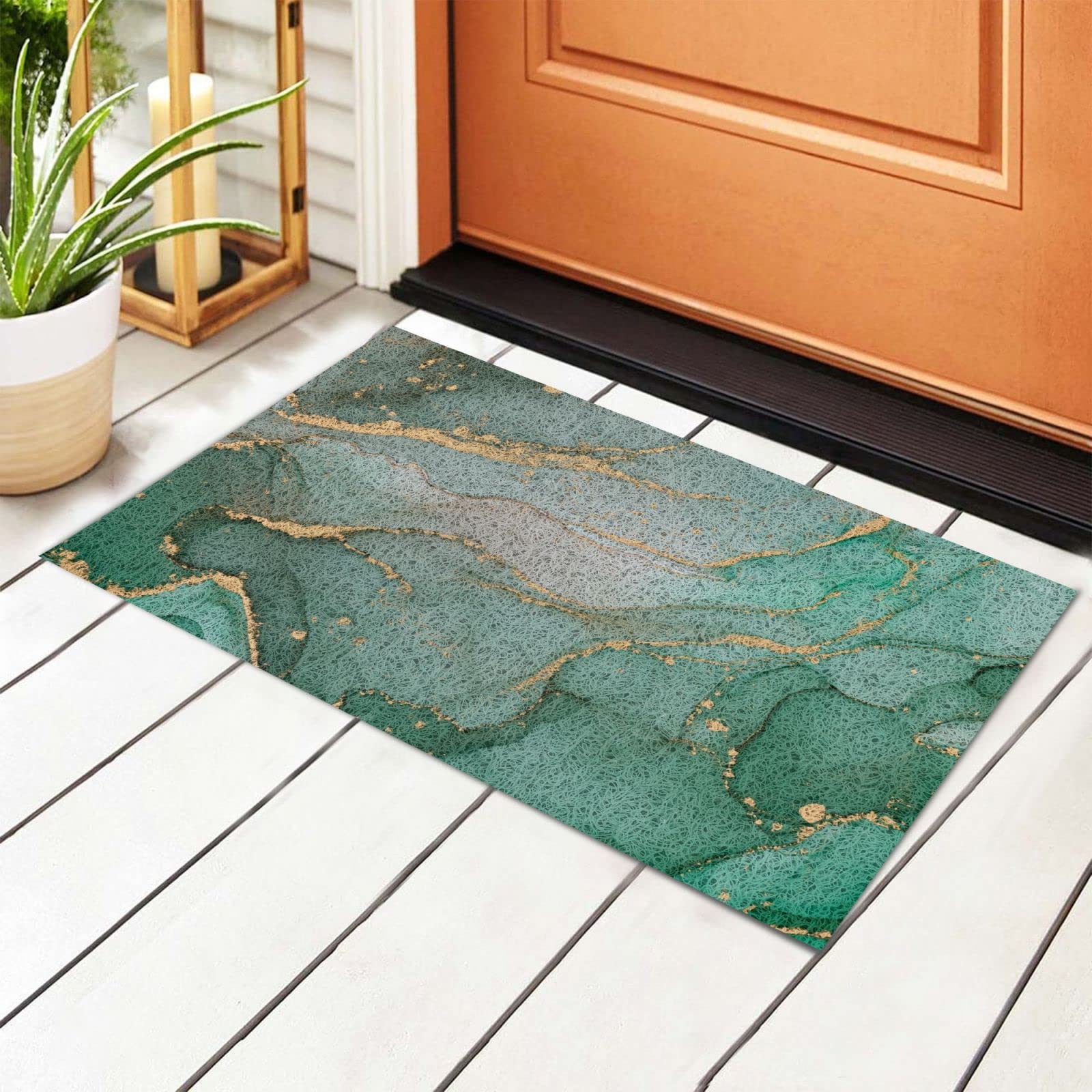 BoeHiop Non-Slip Turquoise Marble Door Mat - Absorbent Indoor/Outdoor Rug for Home Decor
