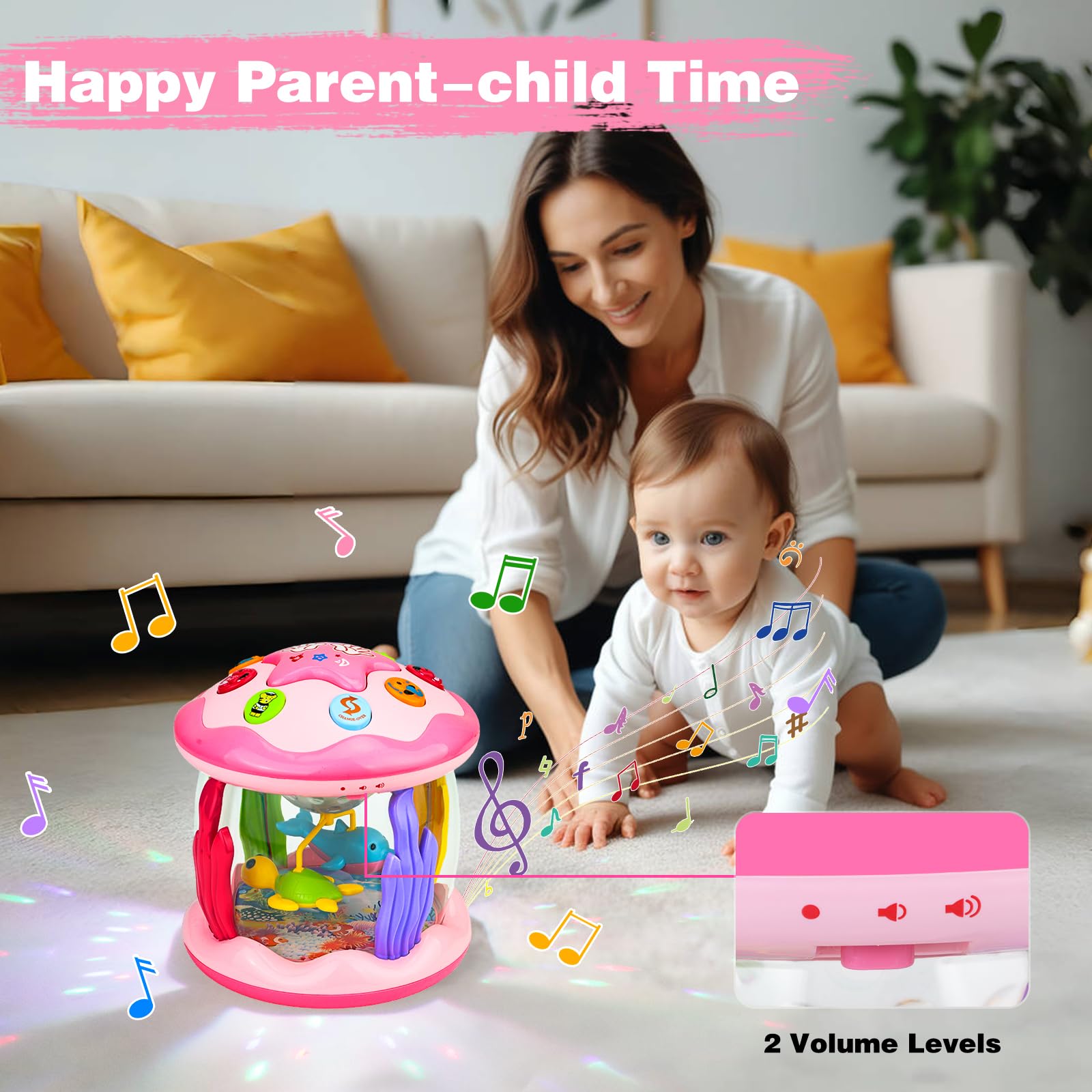 **Best Baby Girl Toys 6-12 Months: Ocean-Themed Rotating Light-Up Musical Toy for Crawling & Learning – Ideal for Toddlers 1-3 Years Old – Perfect Easter Gift (Pink) – Great for Playtime & Early Development**