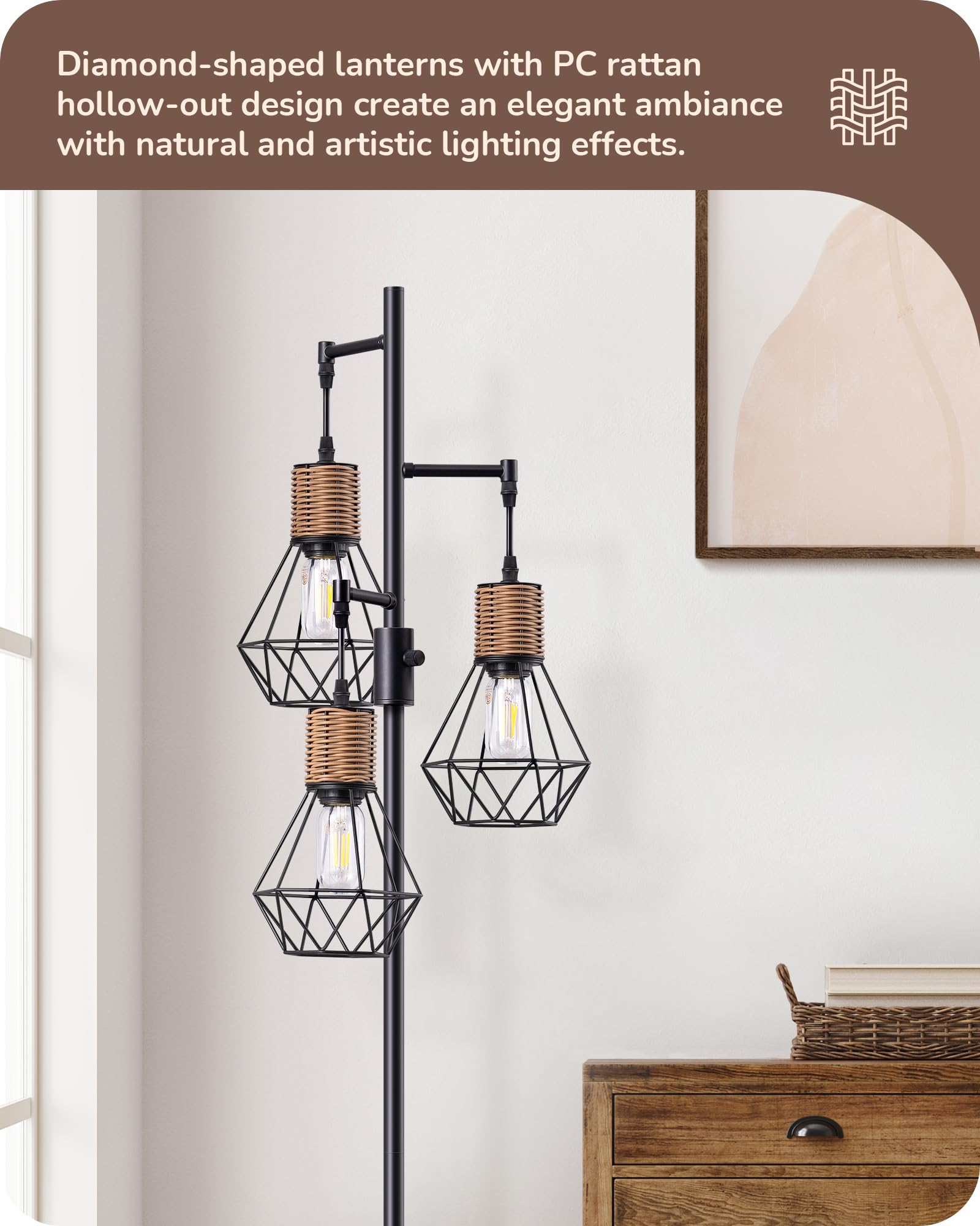 Dimmable Industrial Floor Lamp with 3 LED Edison Bulbs - Farmhouse Standing Light for Living Room, Bedroom & Office - Rustic Rattan Reading Lamp with Diamond Cage Design (Black) | Perfect for Cozy Reading Nooks, Home Office Lighting & Farmhouse Decor