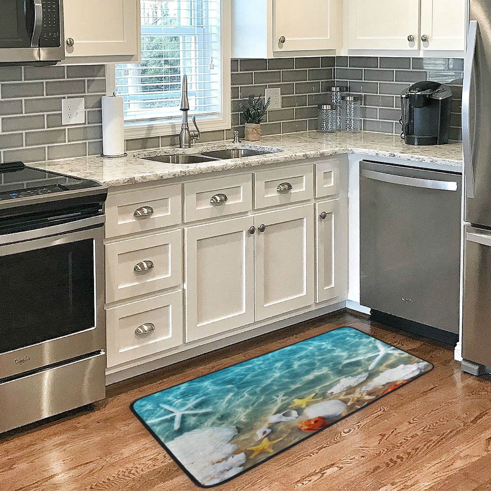 Non-Slip Absorbent Coral Starfish Seashell Bath Mat - 39x20 Inch Washable Kitchen Rug for Bathroom, Beach & Summer Decor - Perfect for Home, Office, Hallway, Sink & Laundry Areas