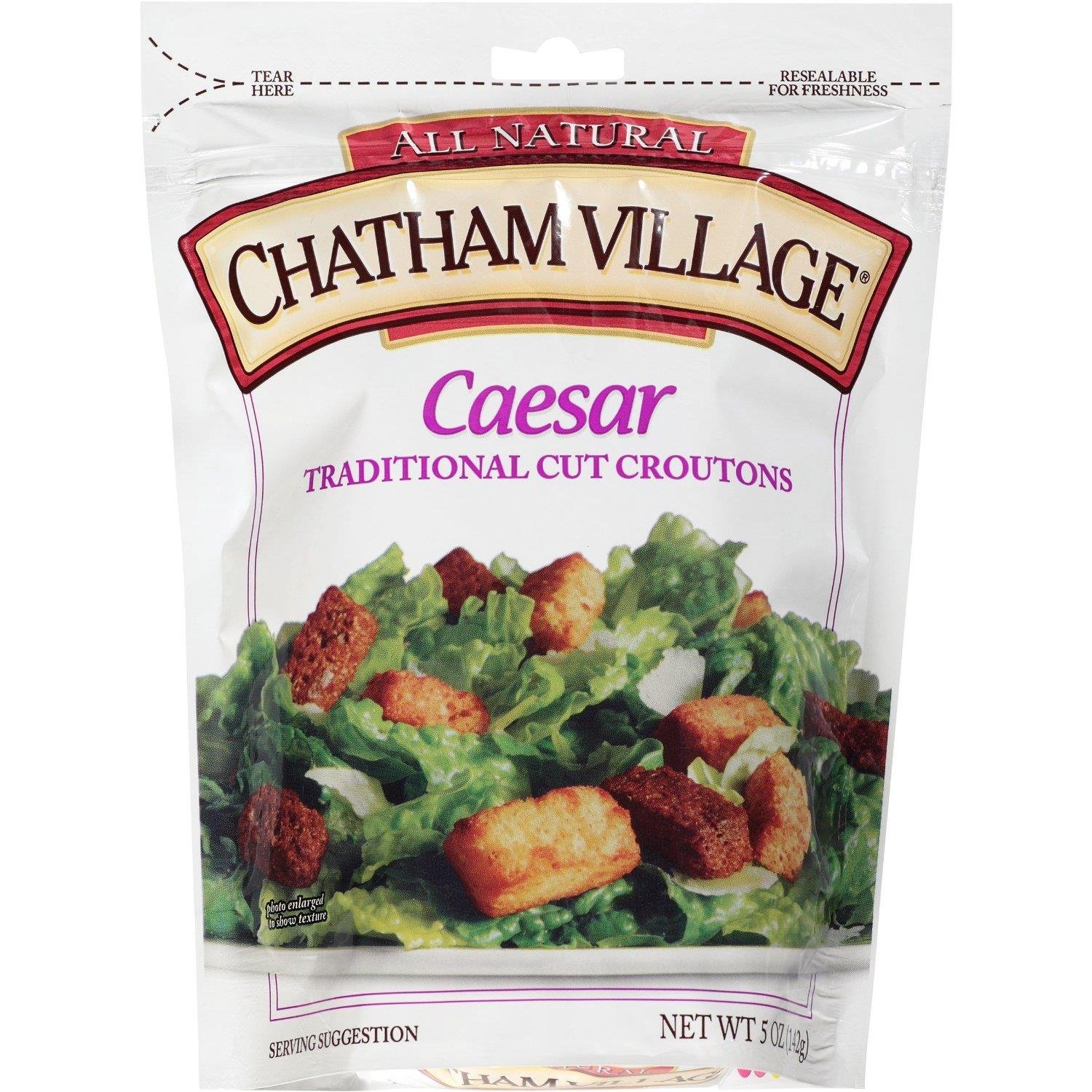 Chatham Village Homestyle Caesar Croutons - Garlic Butter Flavored Crunchy Topping (5oz Bags, Pack of 12) | Perfect for Salads, Soups & Snacks