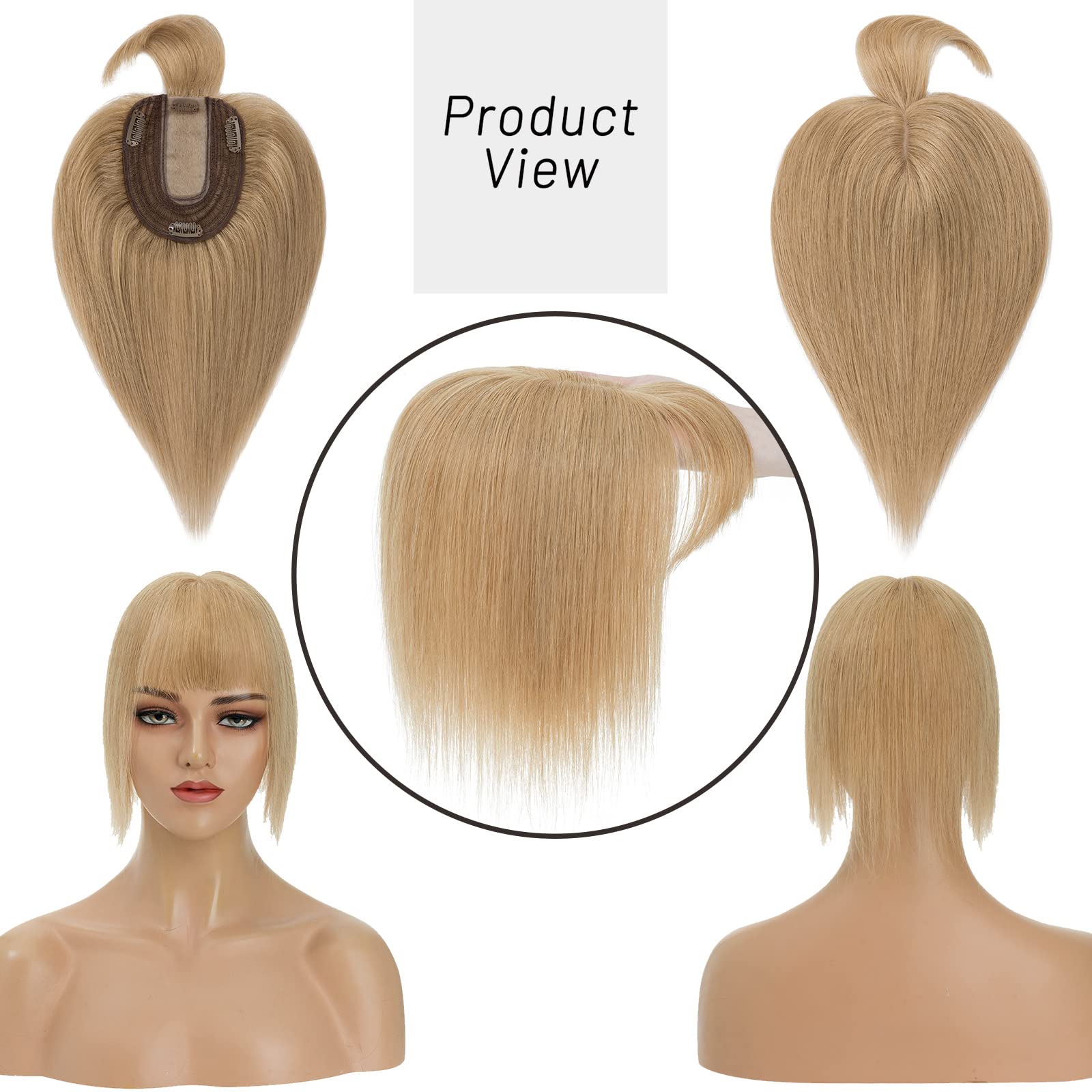 Premium 130% Density Human Hair Toppers with Bangs - Hand-Tied Silk Base Clip-In Hairpiece for Women with Thinning Hair & Hair Loss - Natural Gray Coverage - 14 Inch 45g Dark Blonde - Perfect for Daily Wear, Special Occasions & Hair Volume Enhancement