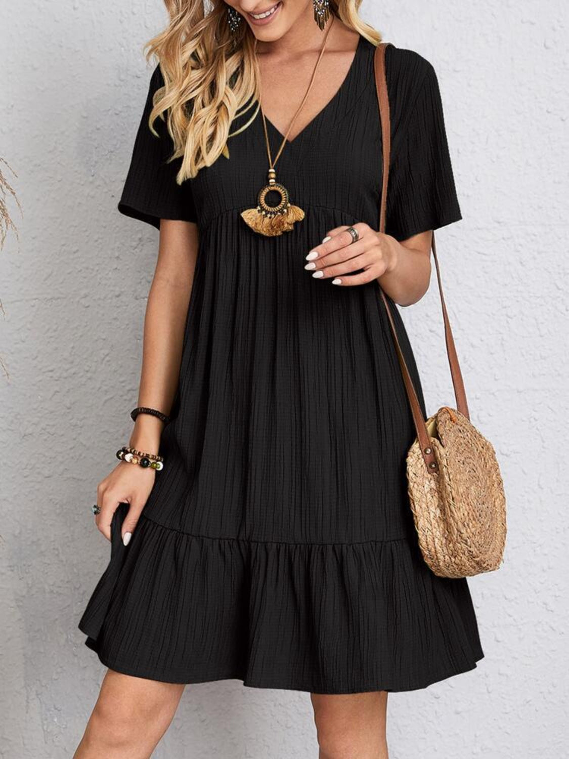 Women's Full Size V-Neck Short Sleeve Beach Dress - Flowy Summer Sundress for Vacation, Pool Party & Casual Outings