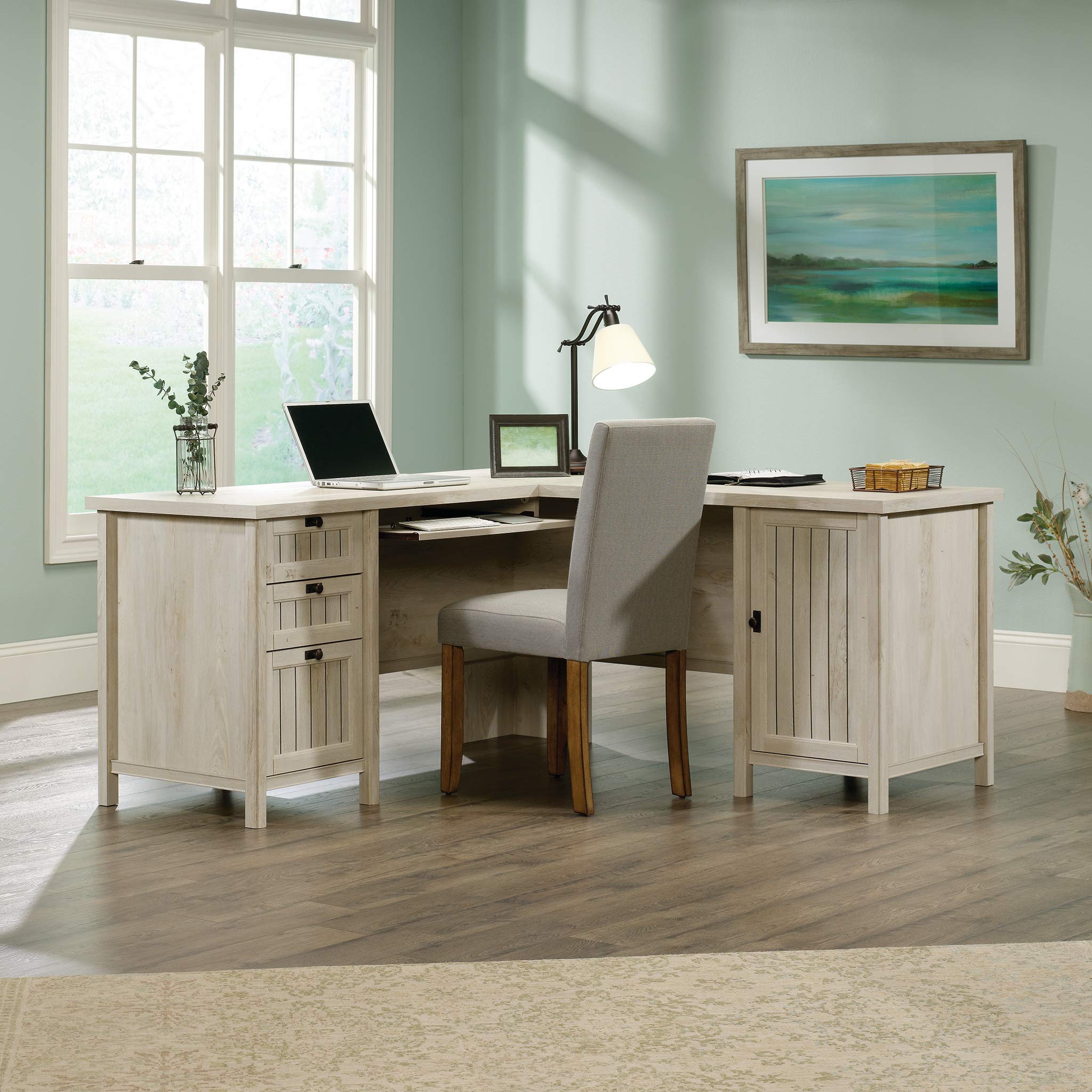 Sauder Costa Lateral File and L-Shaped Desk with Chalked Chestnut Finish - Home Office Furniture for Small Spaces, Work from Home Setup, Modern Workspace Solution