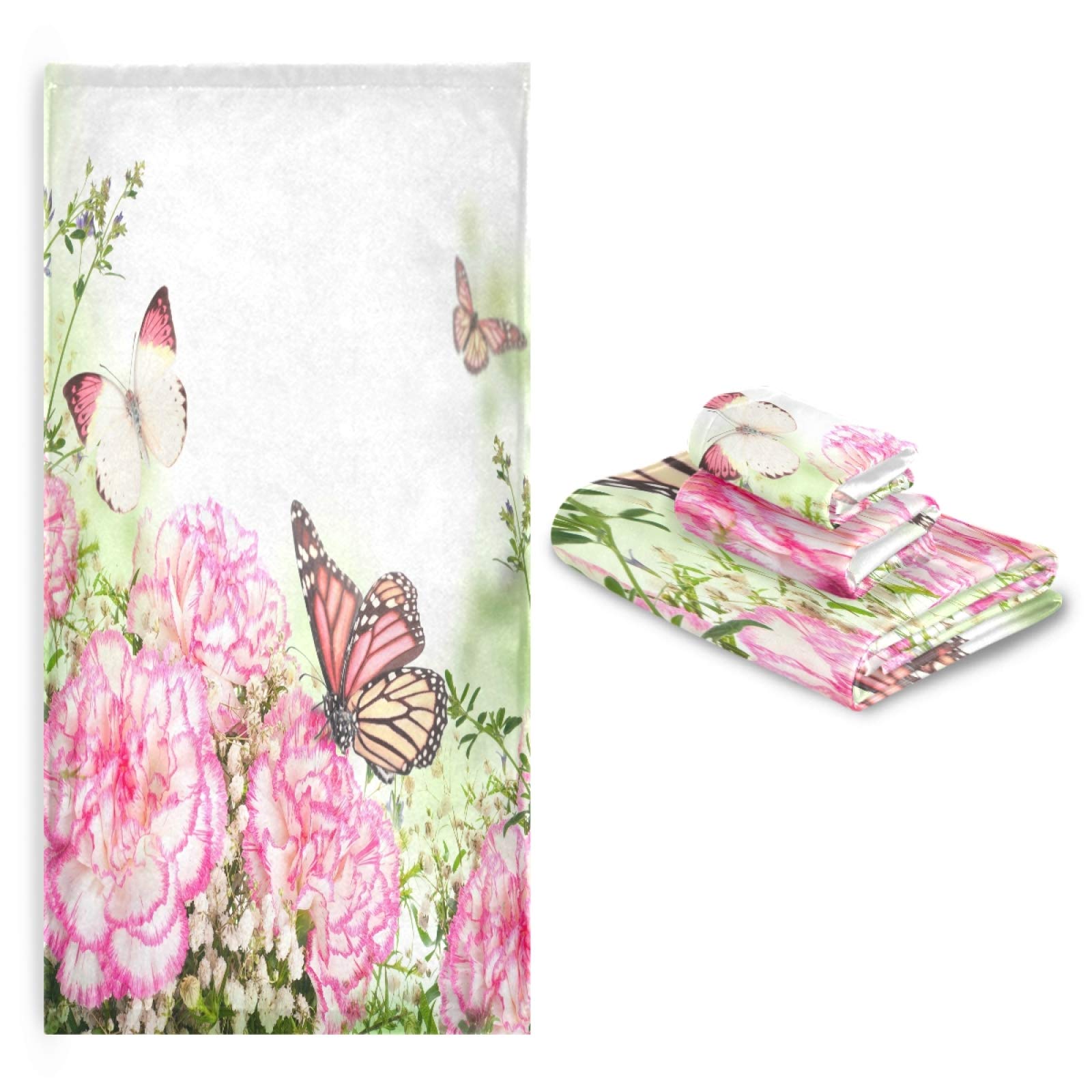 ALAZA Luxury Pink Roses & Butterfly Bath Towel Set - 3 Piece (Bath Towel, Hand Towel, Washcloth) | Soft, Absorbent & Decorative for Bathroom, Hotel, Gym, Yoga & Spa | Perfect Gift for Women & Home Decor