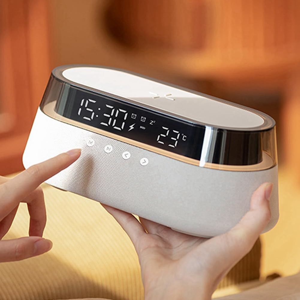 Colorful Wireless Bluetooth Speaker with Wireless Charging, Digital Display Clock & Night Light - Multi-Functional Music Desk Lamp for Home, Office & Bedroom Use