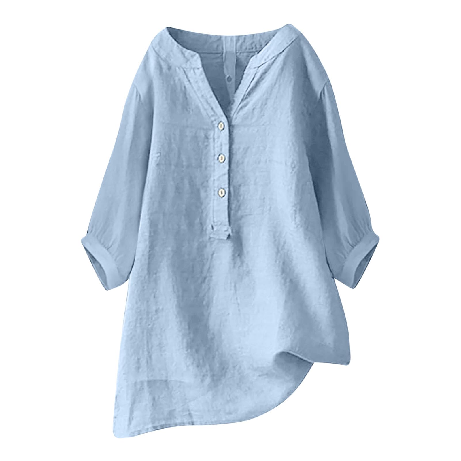 Women's 3/4 Sleeve Cotton Linen Shirt - Casual V Neck Half Button Up Flowy Tunic Top for Summer | Loose Fit Ladies Blouse for Beach, Office & Everyday Wear
