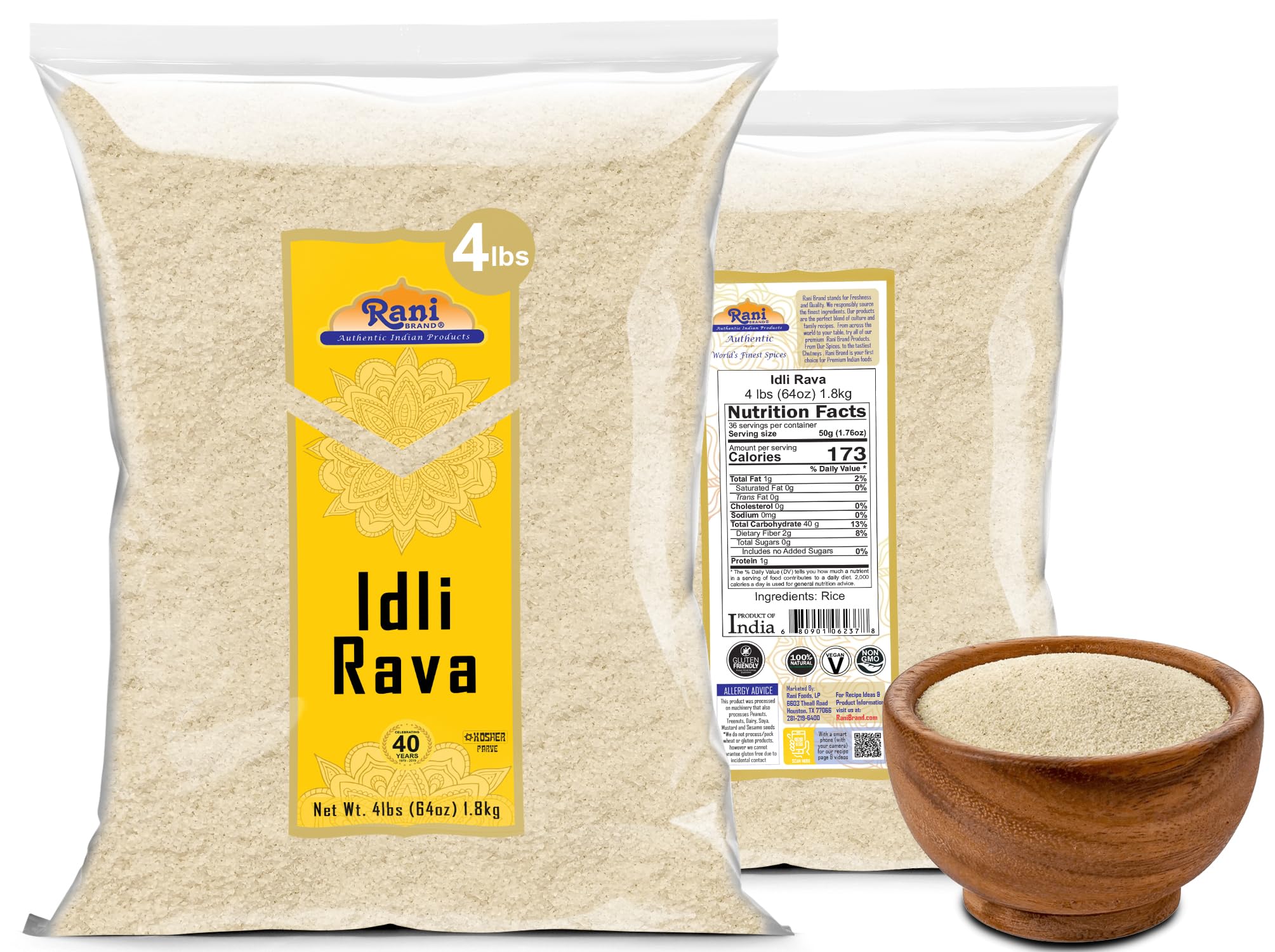 Rani Idly Rava (Parboiled Cream of Rice) 64oz (4lbs) 1.81kg - All Natural, Vegan, Gluten Friendly, Non-GMO, Indian Origin - Perfect for Indian Breakfast, Idli, Dosa & Healthy Cooking