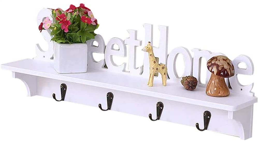 White Wooden Wall Mounted Coat Rack with Shelf & 4 Hooks - Space Saving Entryway Organizer for Hats, Scarves & Keys | Sweet Home Decor for Hallway, Bedroom or Mudroom
