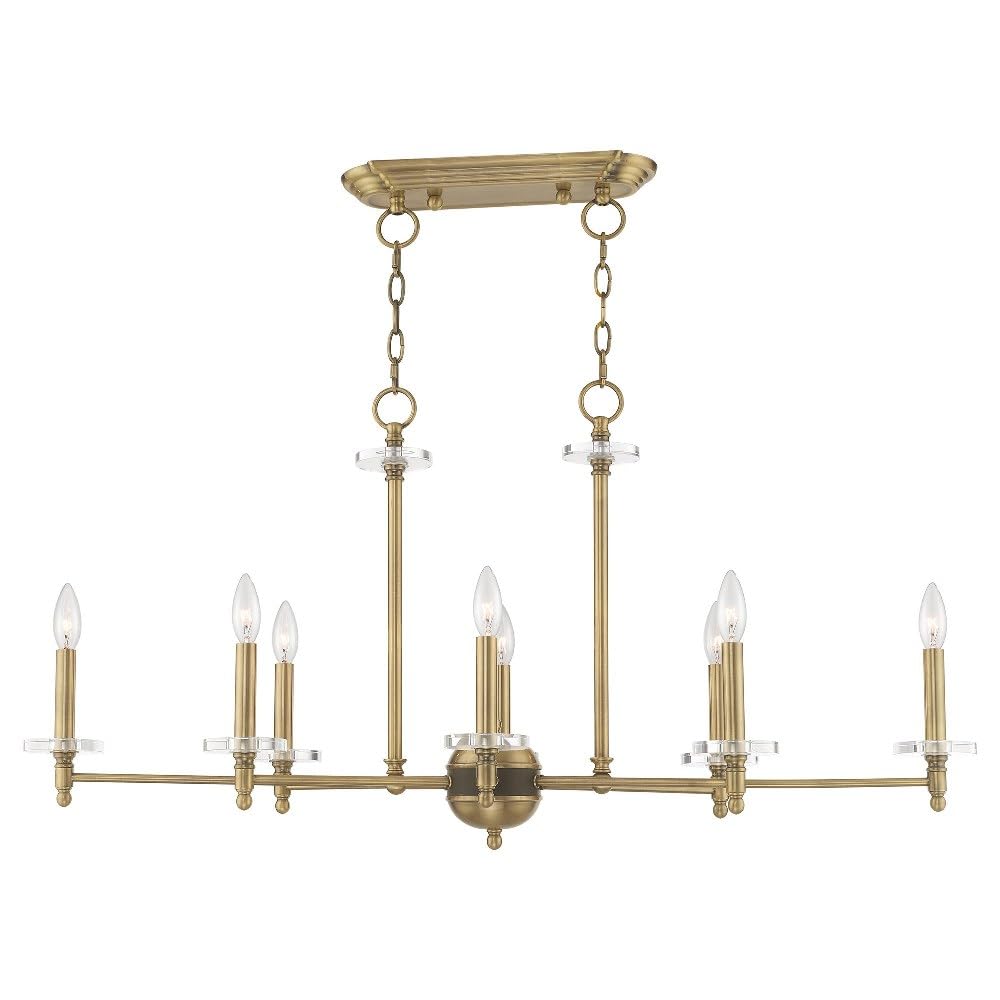 Livex Lighting 42708-01 Bancroft 8-Light Linear Chandelier with Clear Bobeche Crystals in Antique Brass Finish - Perfect for Dining Room, Foyer, or Luxury Home Decor