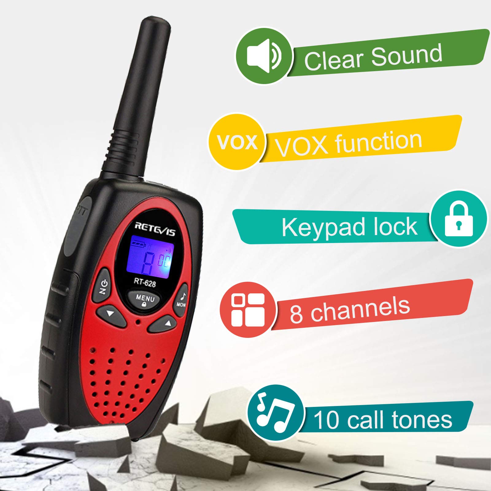 Retevis RT628 Kids Walkie Talkies - Long Range VOX & Keypad Lock, Birthday & Holiday Gifts, Easy to Use for Camping, Hiking & Outdoor Adventures (1 Pair, Red) - Perfect for Family Trips, Theme Parks & Emergency Communication