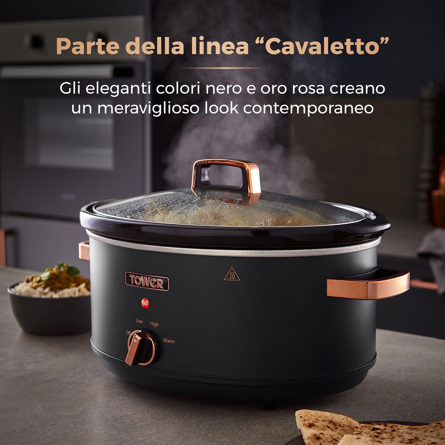 6.5 Quart Slow Cooker with 3 Heat Settings, Cool-Touch Handles, Black & Rose Gold - Perfect for Family Dinners, Meal Prep & Entertaining