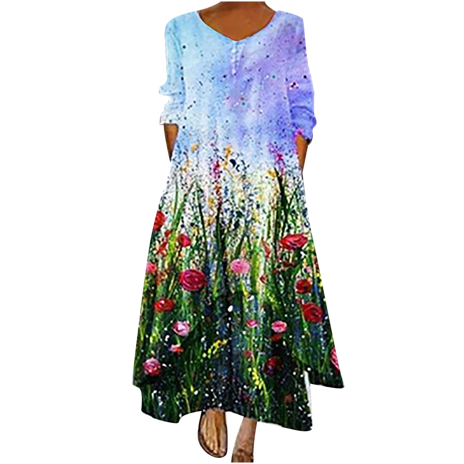 Stylish Women's Long Sleeve V-Neck Floral Print Maxi Dress - Elegant Casual Wear for Everyday Outfits, Date Nights & Special Occasions