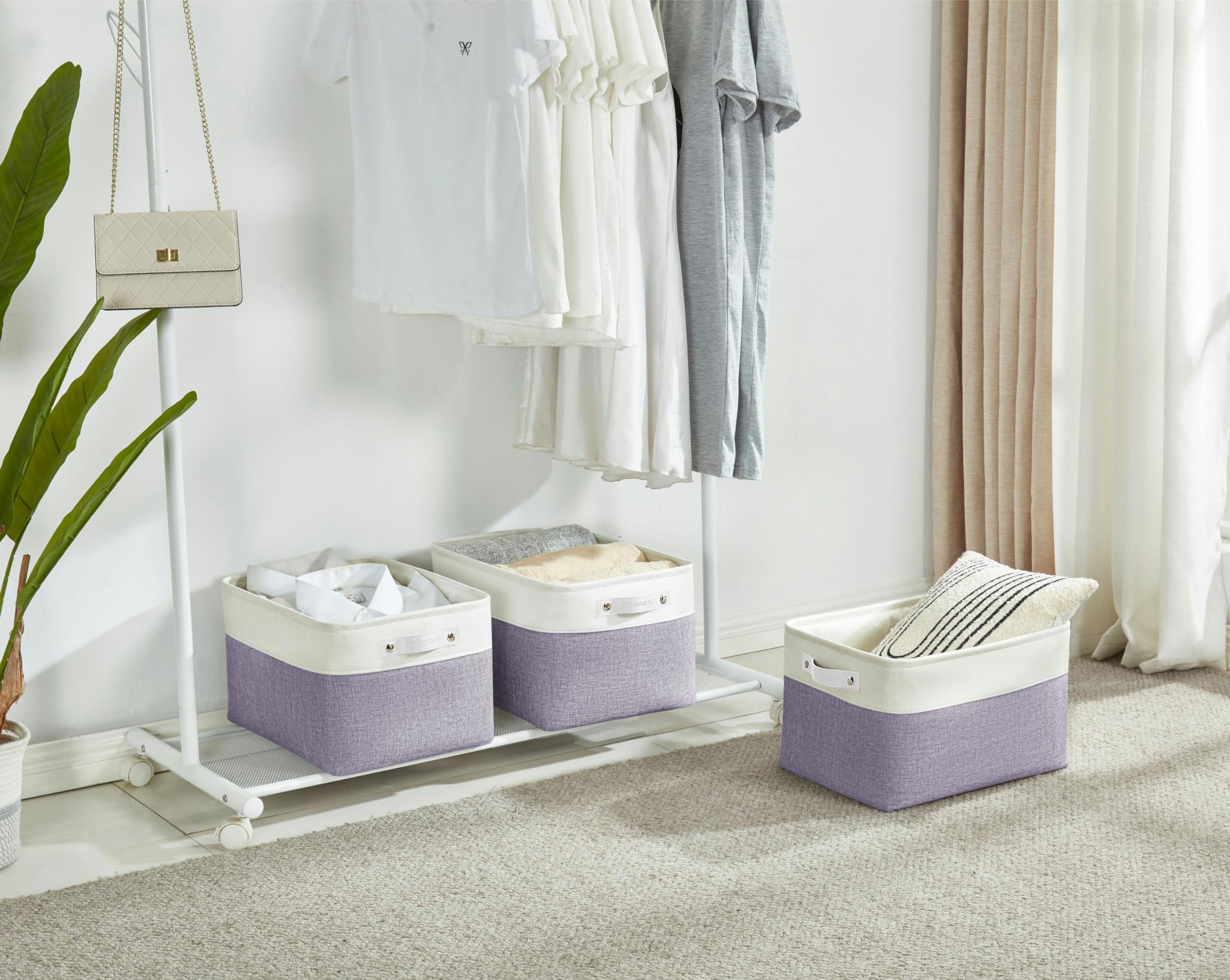 DECOMOMO Large Fabric Storage Bins - 3 Pack Purple & White Closet Organizer Baskets for Shelves, Toys, Nursery & Home Organization | Perfect for Bedroom, Playroom & Linen Closet Storage Solutions