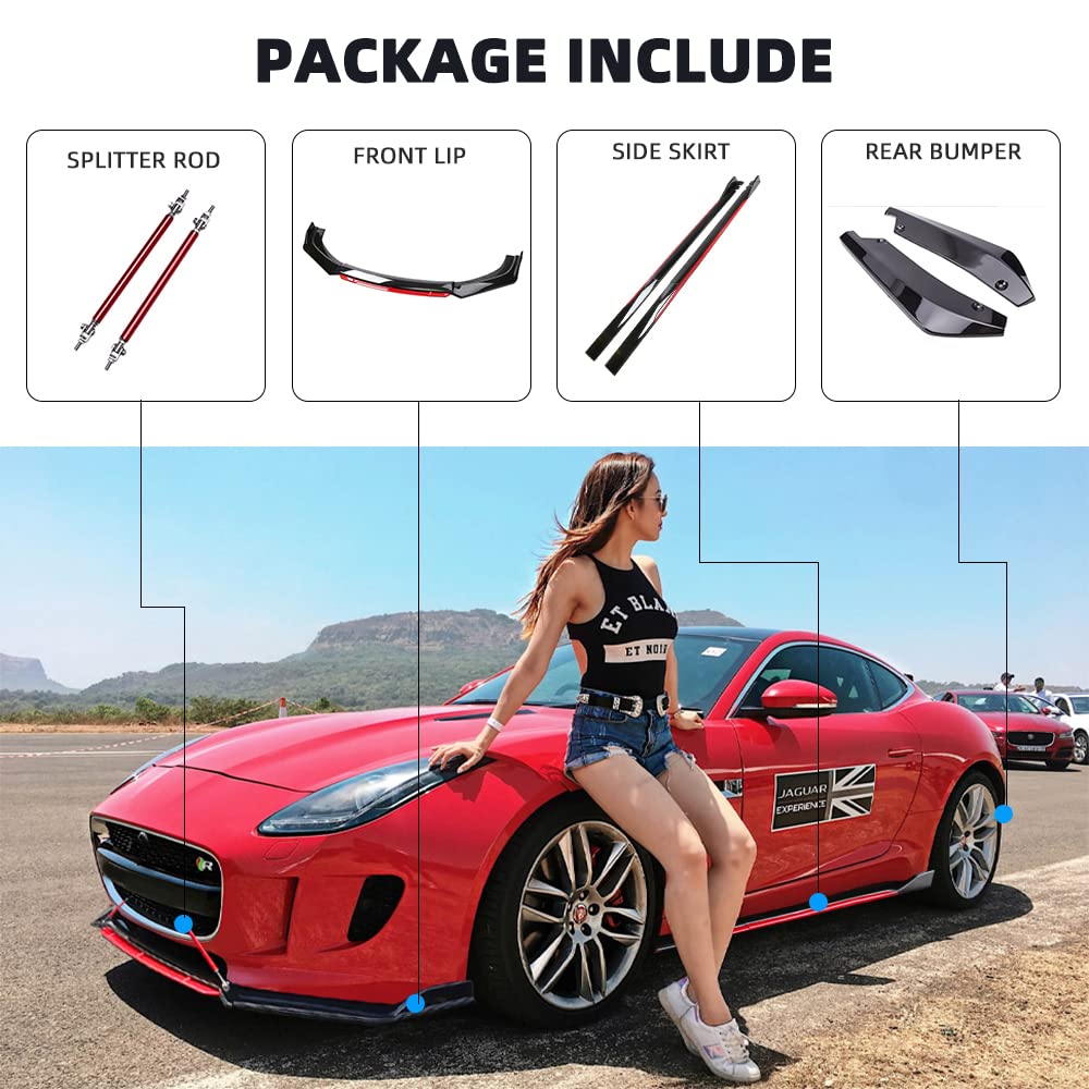 Glossy Black & Red Universal Front Bumper Lip Spoiler Diffuser Body Kit with Adjustable Support Splitter Rod & Side Skirts - Compatible with Most Cars | Enhance Aerodynamics & Sporty Style for Street Racing & Car Shows