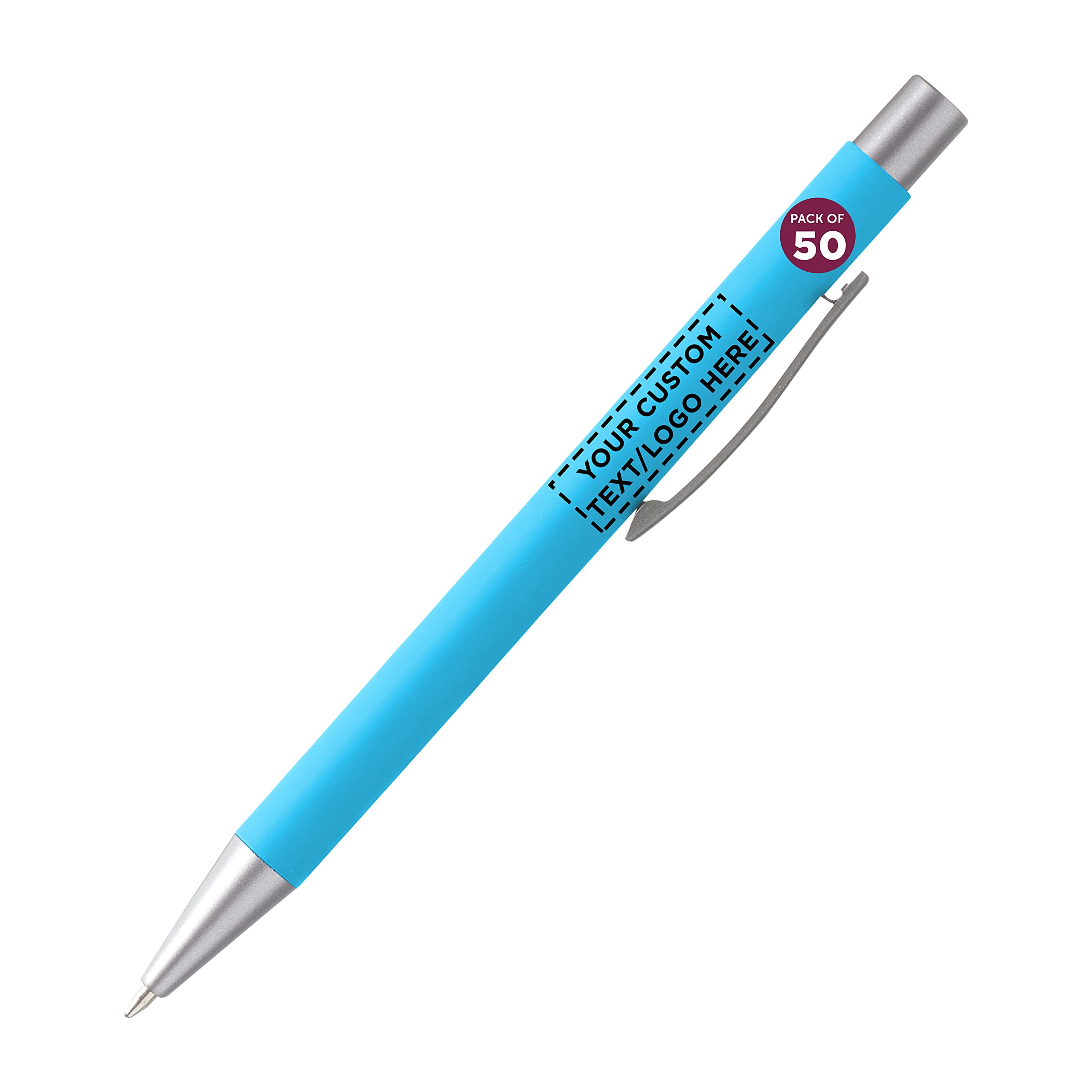 50 Pack Cordova Rubber Coated Metal Pens with Custom Text/Logo - Smooth Writing Push Action Ballpoint Pens with Black Ink (Light Blue) - Perfect for Office, School, Corporate Gifts & Promotional Events