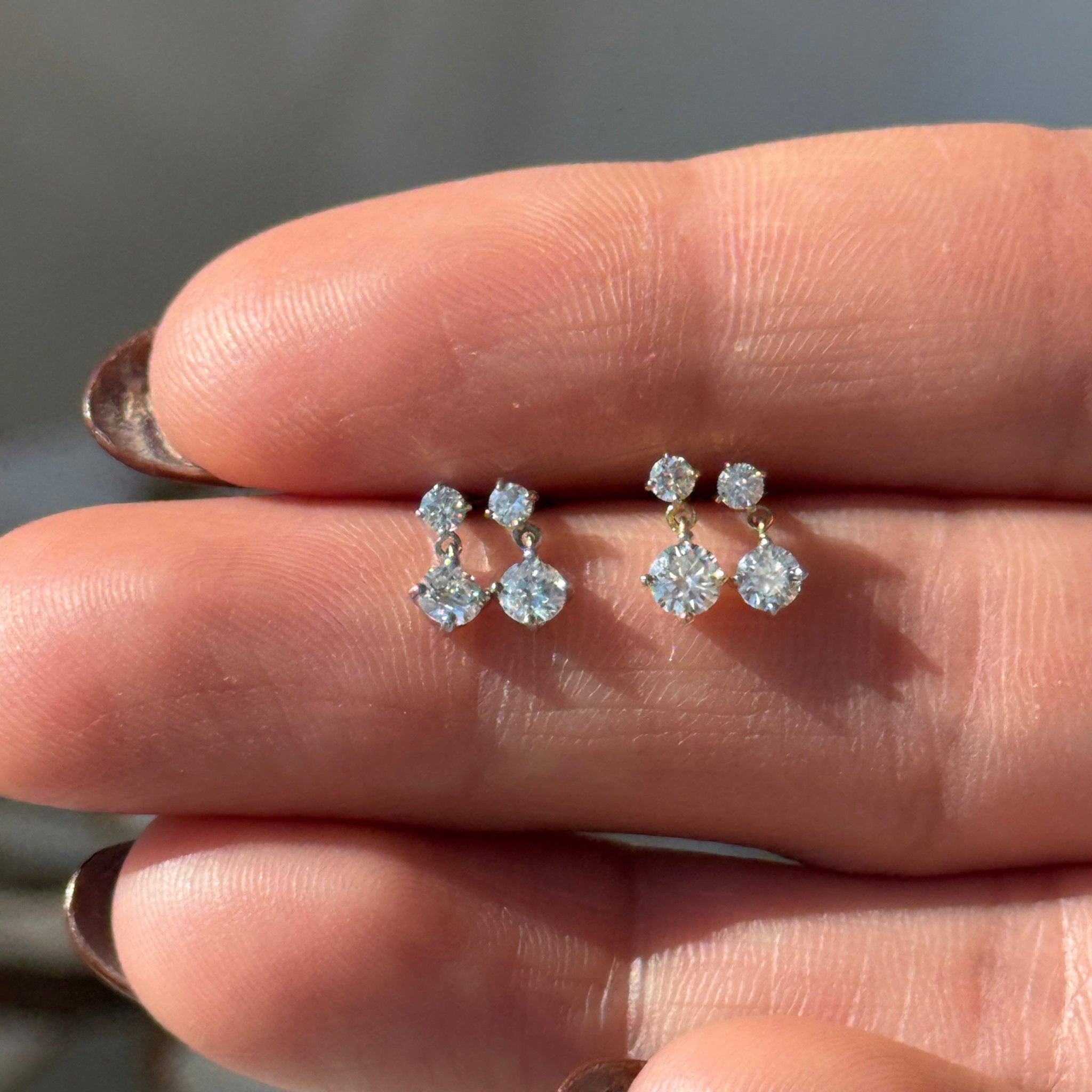 14K Yellow Gold Double Diamond Drop Flat Back Stud Earrings - Elegant & Dainty for Everyday Wear, Parties & Gifts