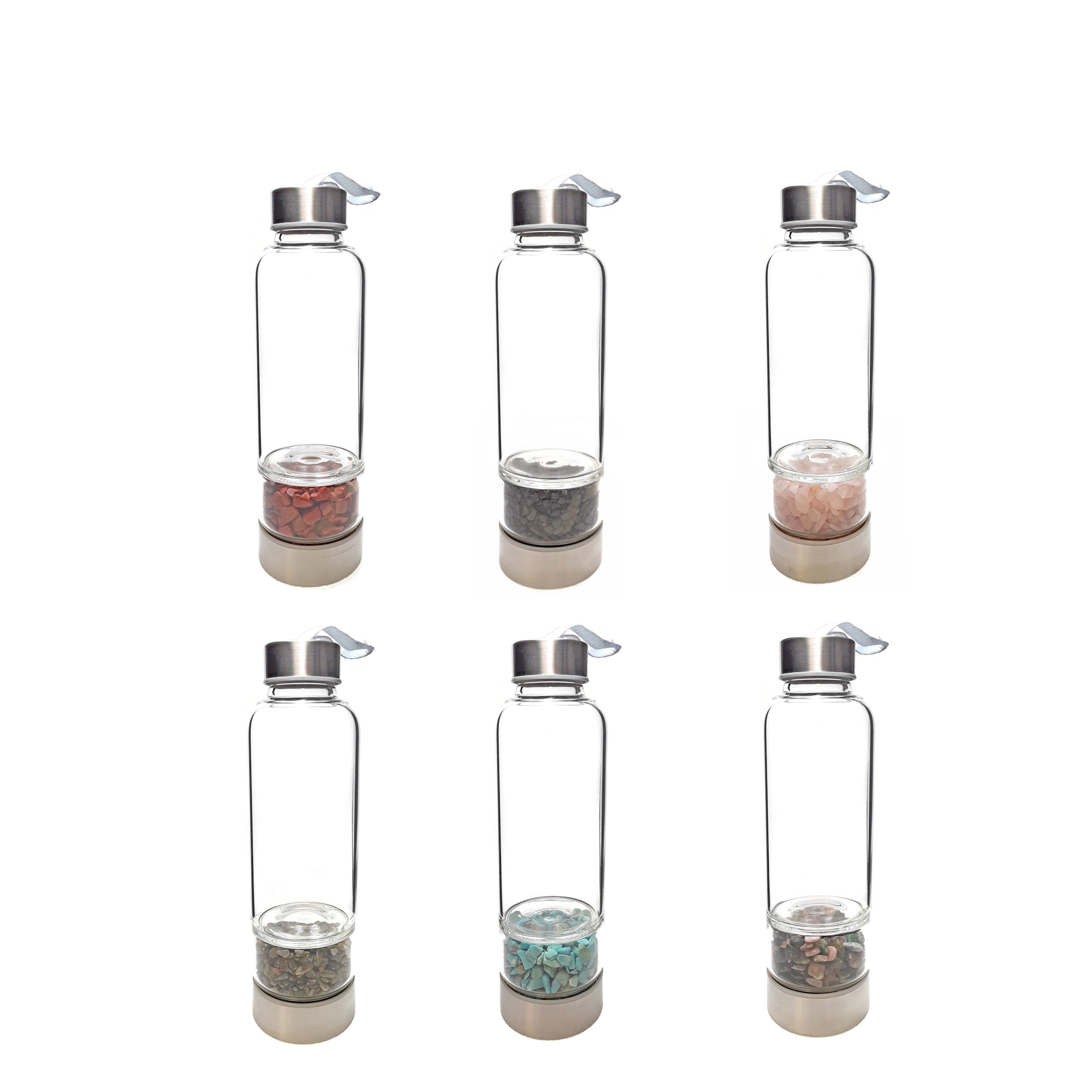 Healing Crystal Infused Glass Water Bottle with Gemstone Chips - Labradorite, Jasper, Rose Quartz, Black Tourmaline & Turquoise | 9