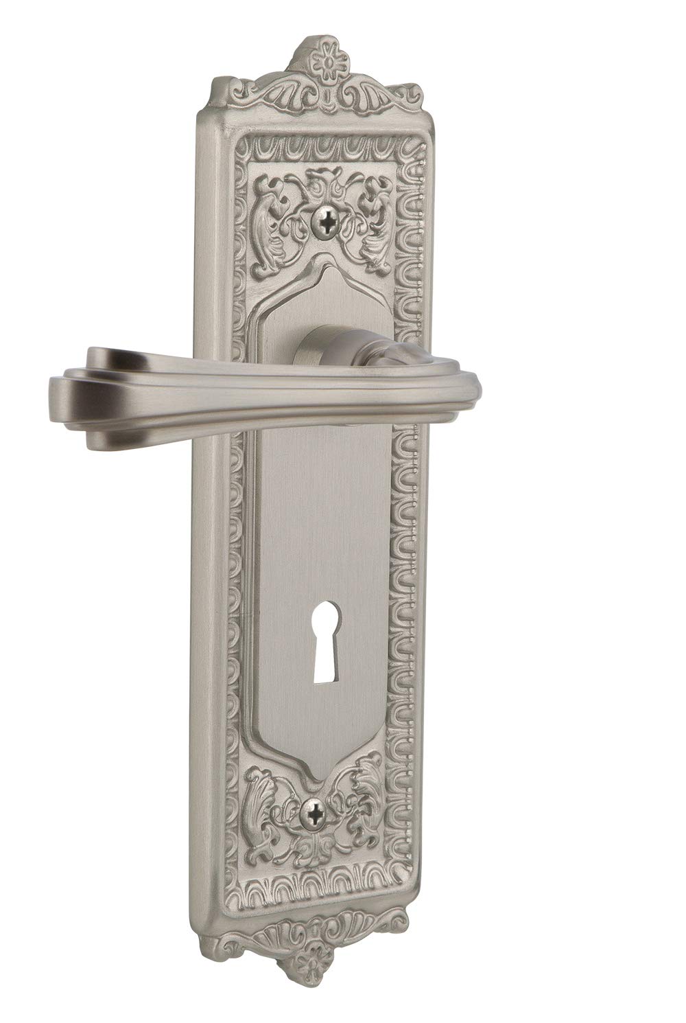 Nostalgic Warehouse Egg & Dart Plate Single Dummy Door Knob with Keyhole Fleur Lever in Satin Nickel - Vintage Style Door Hardware for Home & Office Interior Design