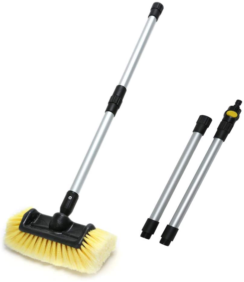 10 Pack Flow Through Brush Heads with Adjustable Pole & On/Off Switch - 1.3' to 5 ft Extension - Perfect for Car Washing, Window Cleaning & Hard-to-Reach Surfaces