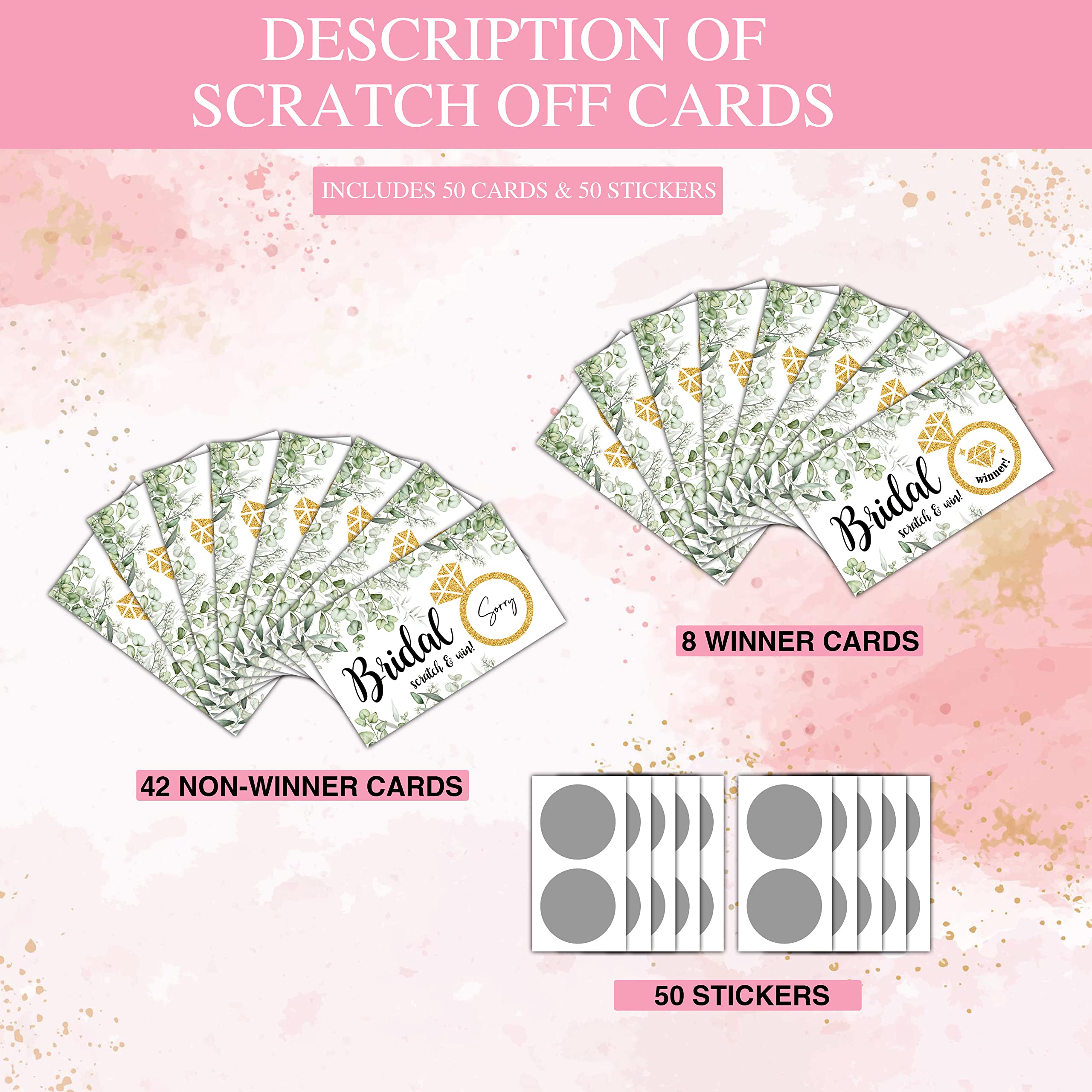 Bridal Shower Scratch Off Game Cards - 50 Pack Glitter Diamond Ring Wedding Party Games - Greenery Eucalyptus Bachelorette Party Decorations - Fun Bride Shower Activities & Supplies for Wedding Celebrations