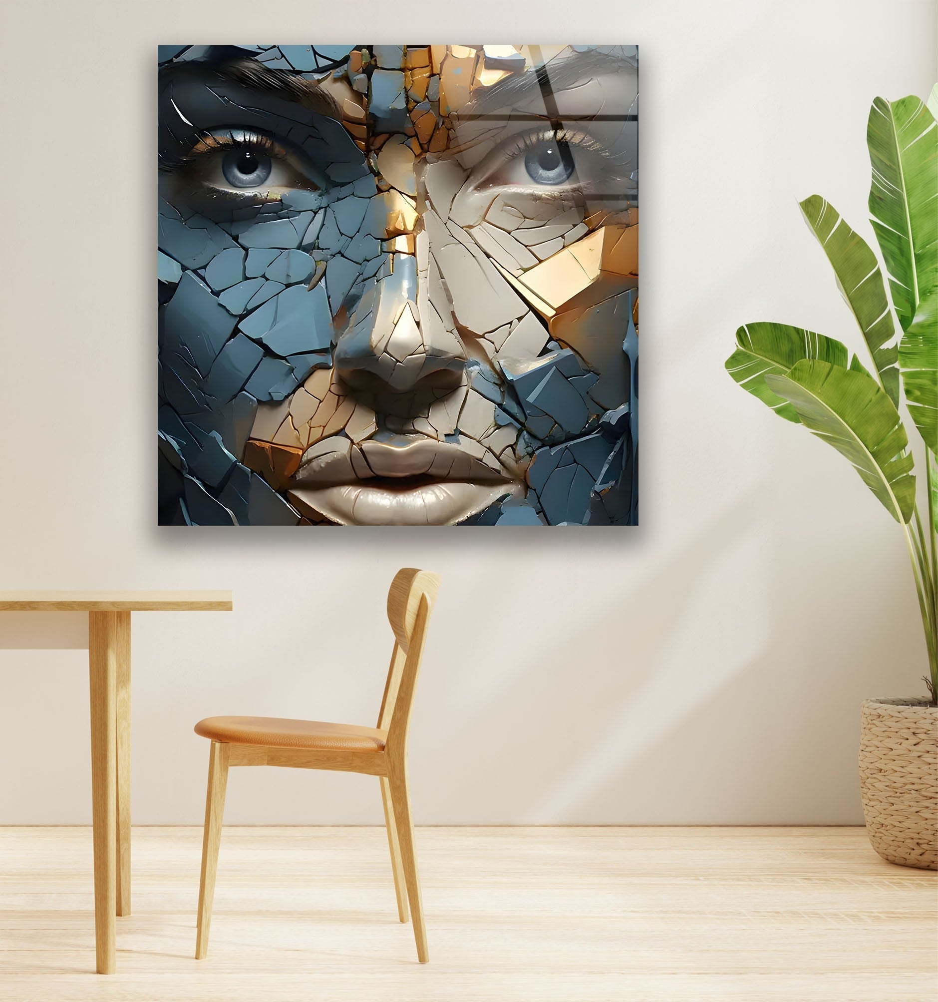 Blue Cracked Design Woman Glass Wall Art - Elegant Home Decor for Living Room, Bedroom & Office - Perfect Gift Idea