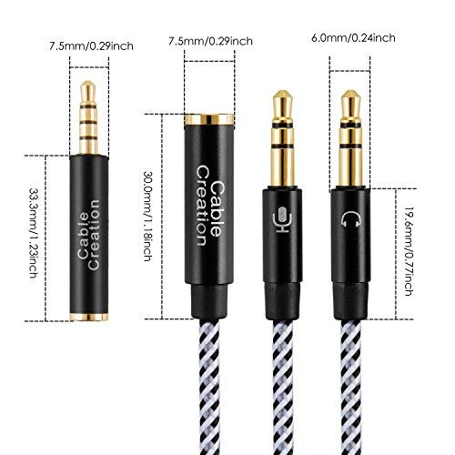 CableCreation 3.5mm Headset Splitter Cable - Female to Dual Male Audio Y Splitter with CTIA/OMTP Adapter - 0.2M Black & White - Perfect for Gaming Headsets, Music Sharing, and Conference Calls