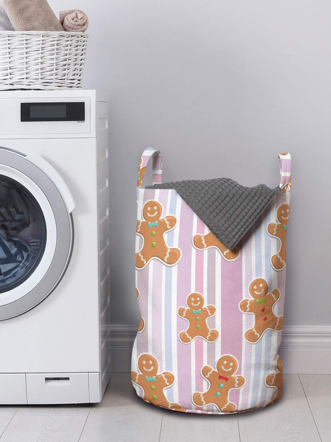 Ambesonne Gingerbread Man Laundry Bag - Pastel Striped Christmas Bakery Design with Drawstring Closure & Handles, 13