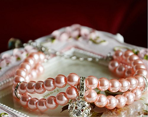 Luxury 2 Row Pearls Rhinestone Pet Collar Necklace with Crystal Ball Charm - Adjustable 8-10 Inch Bling Jewelry for Small Dogs, Cats, Puppies, Chihuahuas & Yorkies (Pink) - Perfect for Parties, Photos & Special Occasions