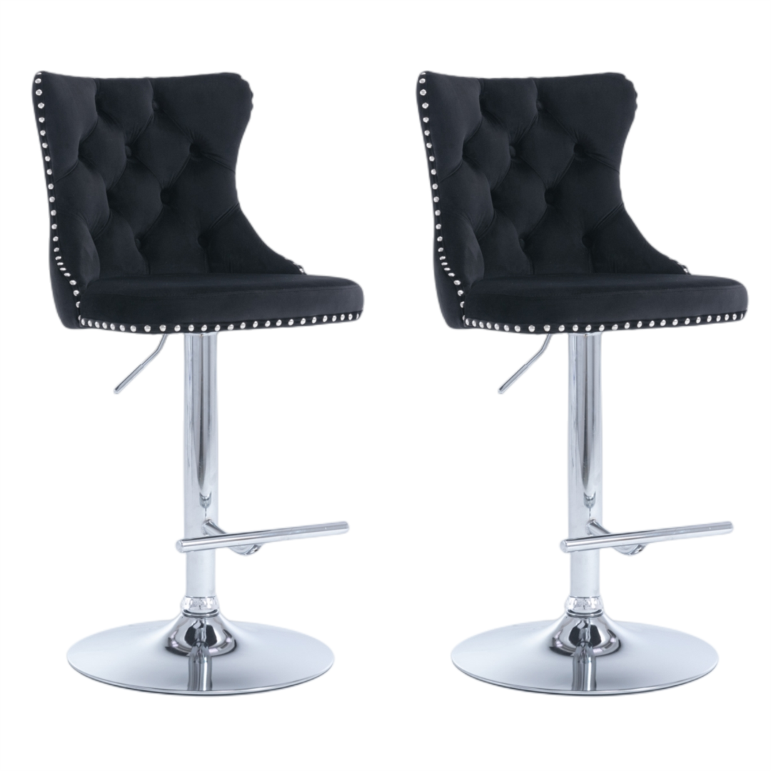 Adjustable Swivel Bar Stools with Footrest - 4 Pack Velvet Upholstered Bar Stools with Chrome Base & Studded Design for Kitchen Island, Home Bar & Dining Room
