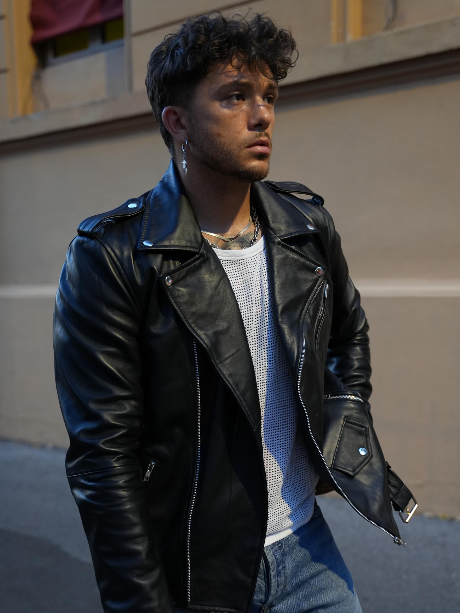 Premium Genuine Leather Biker Jacket for Men - Black Motorcycle Jacket with Notch Lapel & Zipper Cuffs | Stylish Outerwear for Riding, Casual Wear & Night Out