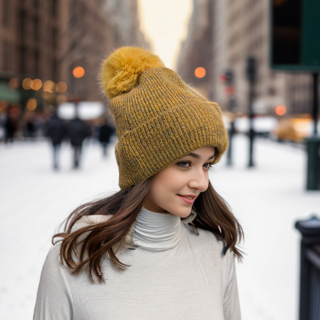 Sequin Faux Fur PomPom Winter Hat - Mustard Yellow Beanie for Women | Cozy & Stylish Cold Weather Accessory for Outdoor Activities, Parties & Holidays