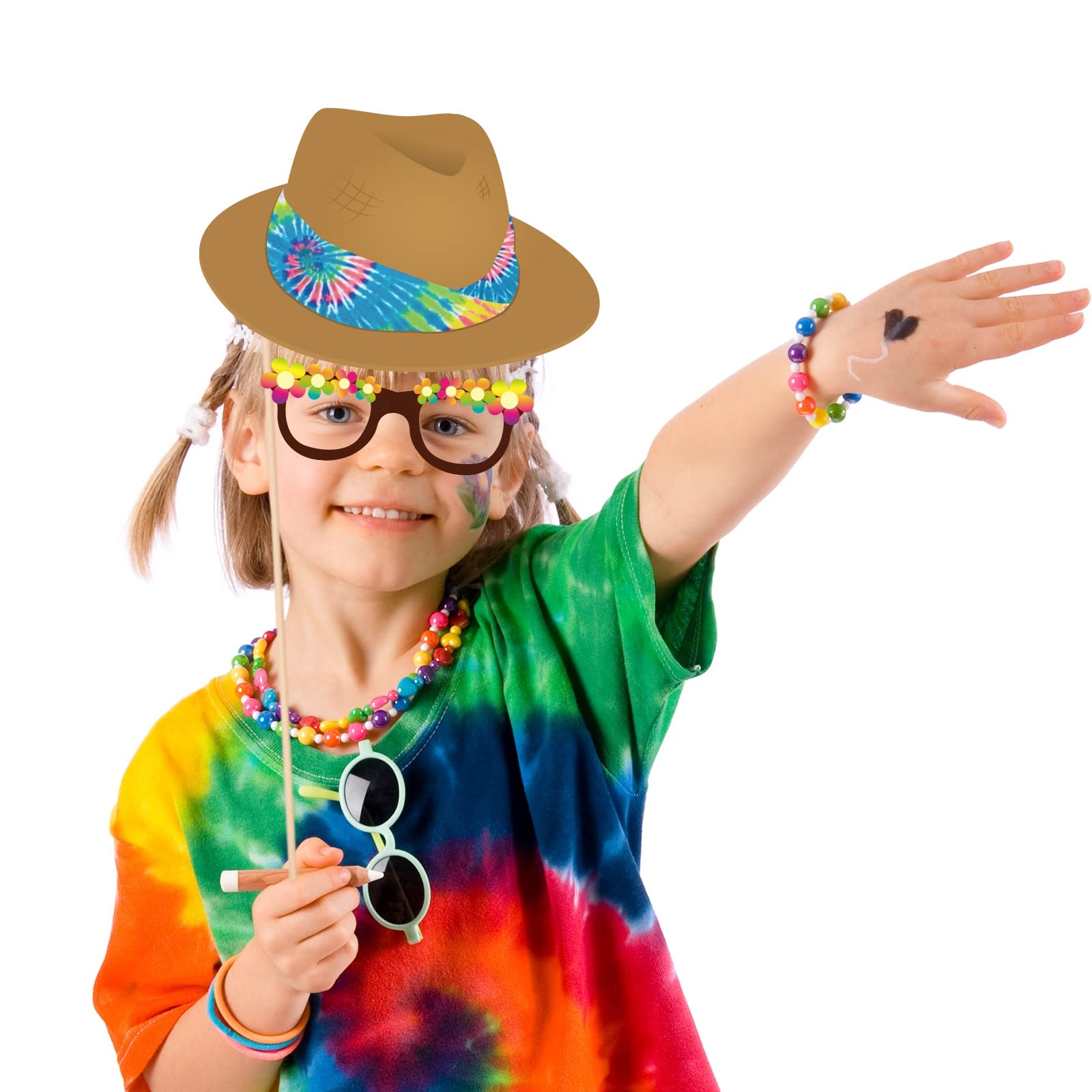 25Pcs Hippie Photo Booth Props with Sticks - 60s 70s Groovy Theme Selfie Accessories, Tie Dye Birthday Party Decorations, Peace Sign Backdrop for Hippie Themed Parties & Festivals