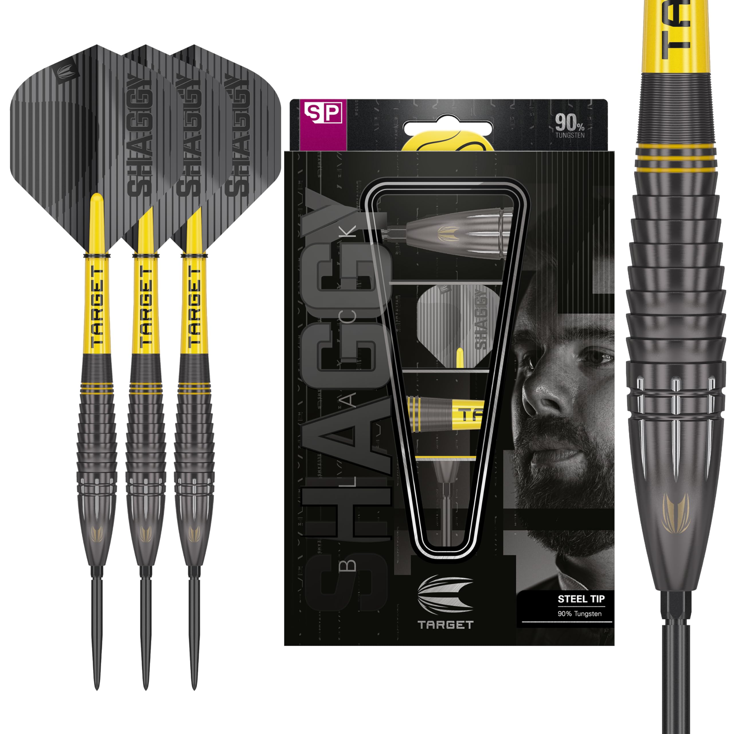 Scott Williams Black 90% Tungsten Steel Tip Darts Set - Professional Steel Tip Darts with Swiss Point Technology & SP Tool | Player Edition Shaggy Darts for Competitive Play & Home Practice