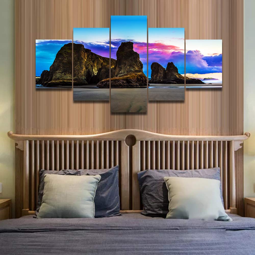 5-Panel Natural Canvas Wall Art - Weathered Rocks on Oregon Beach, Native American Style Sunset Ocean Painting - Framed Coastal Decor for Dining Room, Living Room & Bedroom