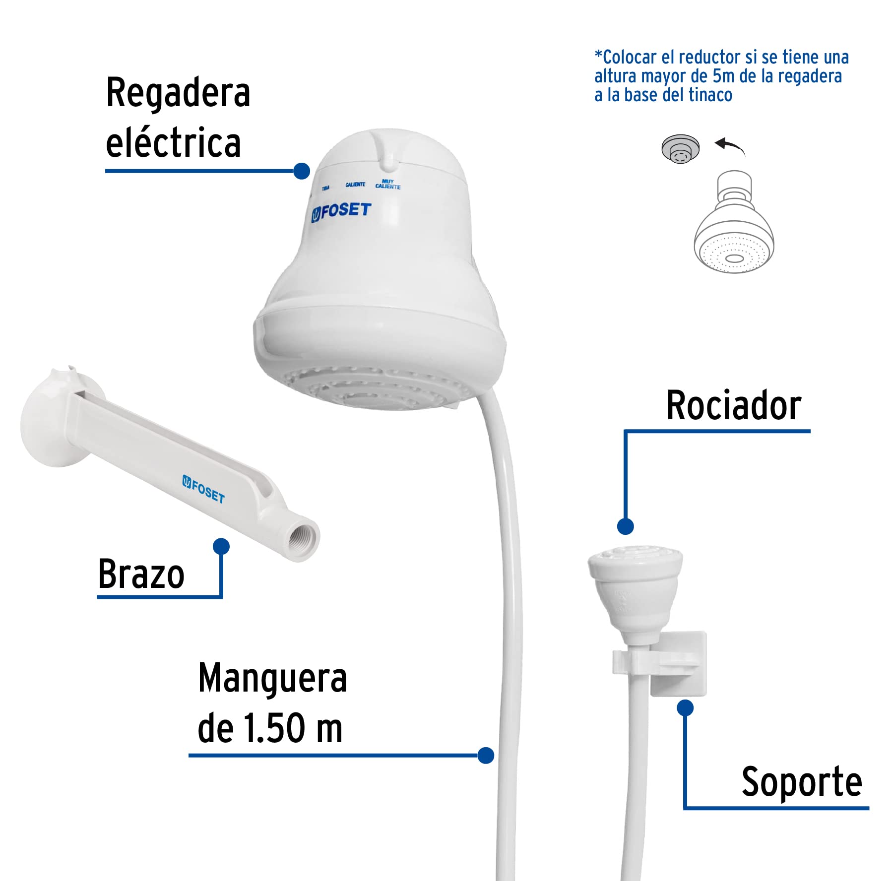 Foset 49491 Electric Shower Head with Instant Hot Water - 4 Temperature Settings & 5 ft Hose - Handheld Shower for Bathroom, Spa, and Home Relaxation