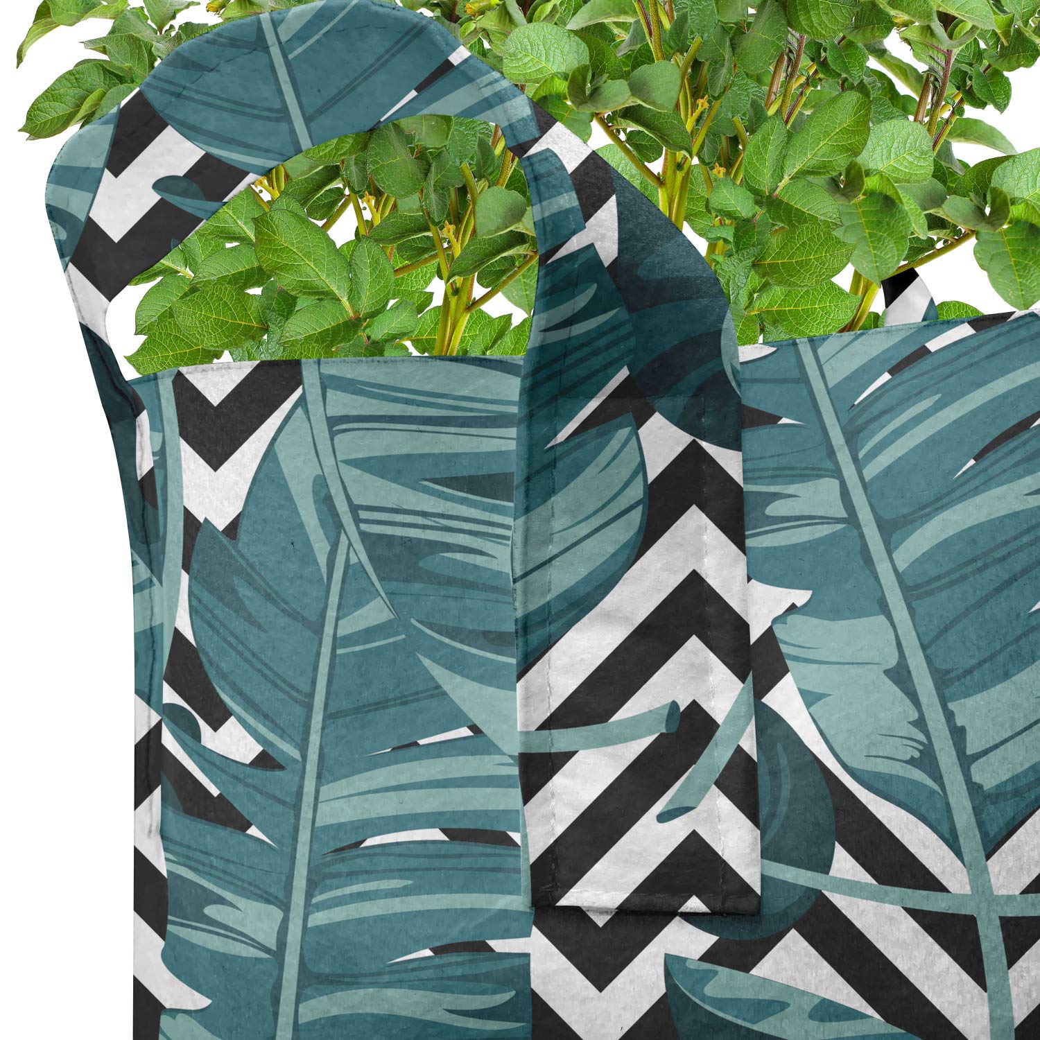 Ambesonne 5-Pack Heavy Duty Fabric Grow Bags with Handles - Tropical Rainforest Foliage Striped Design in Teal Grey - Perfect for Indoor/Outdoor Plants, Vegetables, and Herbs Gardening