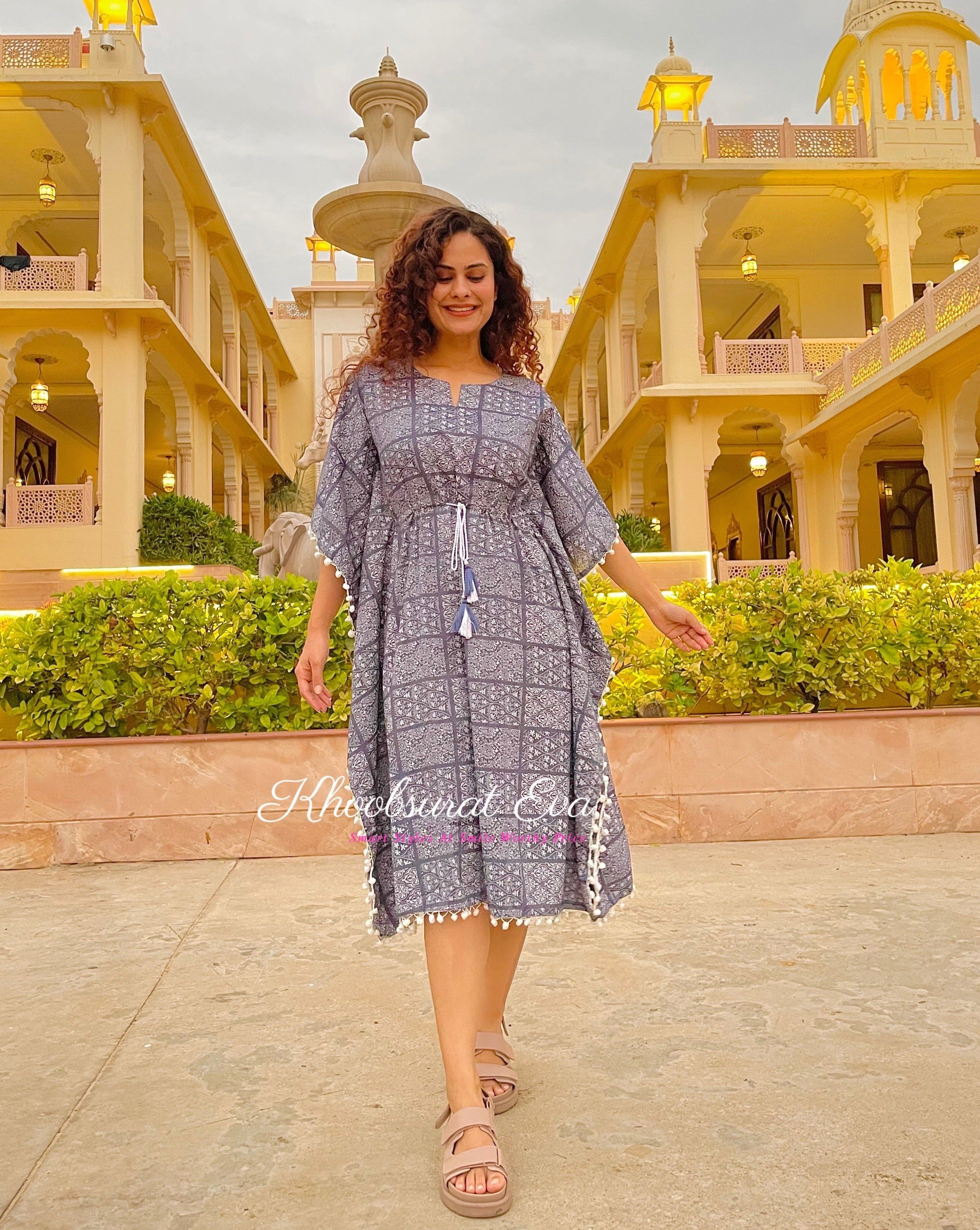 Coastal Cool Blue Cotton Kaftan Dress - Lightweight Beach Cover Up for Women - Perfect for Vacation, Poolside, and Summer Outfits